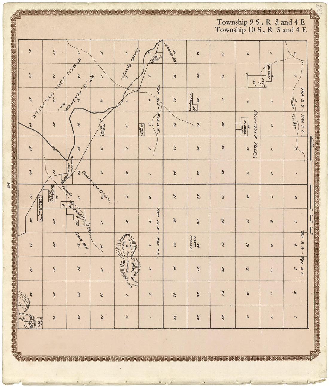 Township 9 S., R. 3 E and 4 E; Township 10 S., R. 3 E and 4 E from Plat Book of San Diego County, California 1912 by Relic Map Company