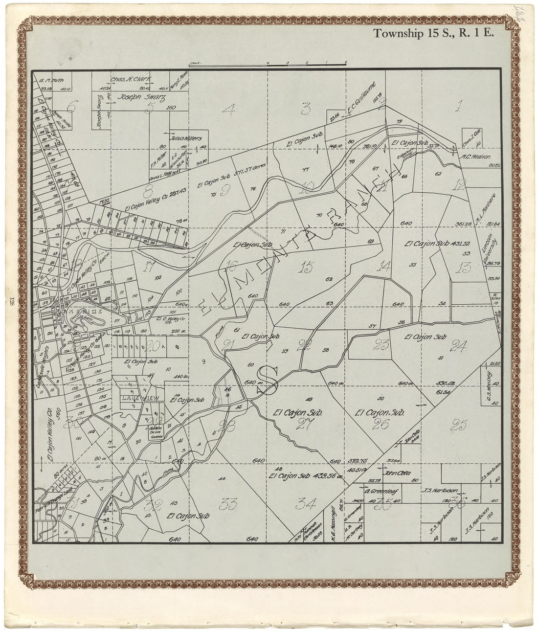 Township 15 S., R. 1 E from Plat Book of San Diego County, California 1912 by Relic Map Company