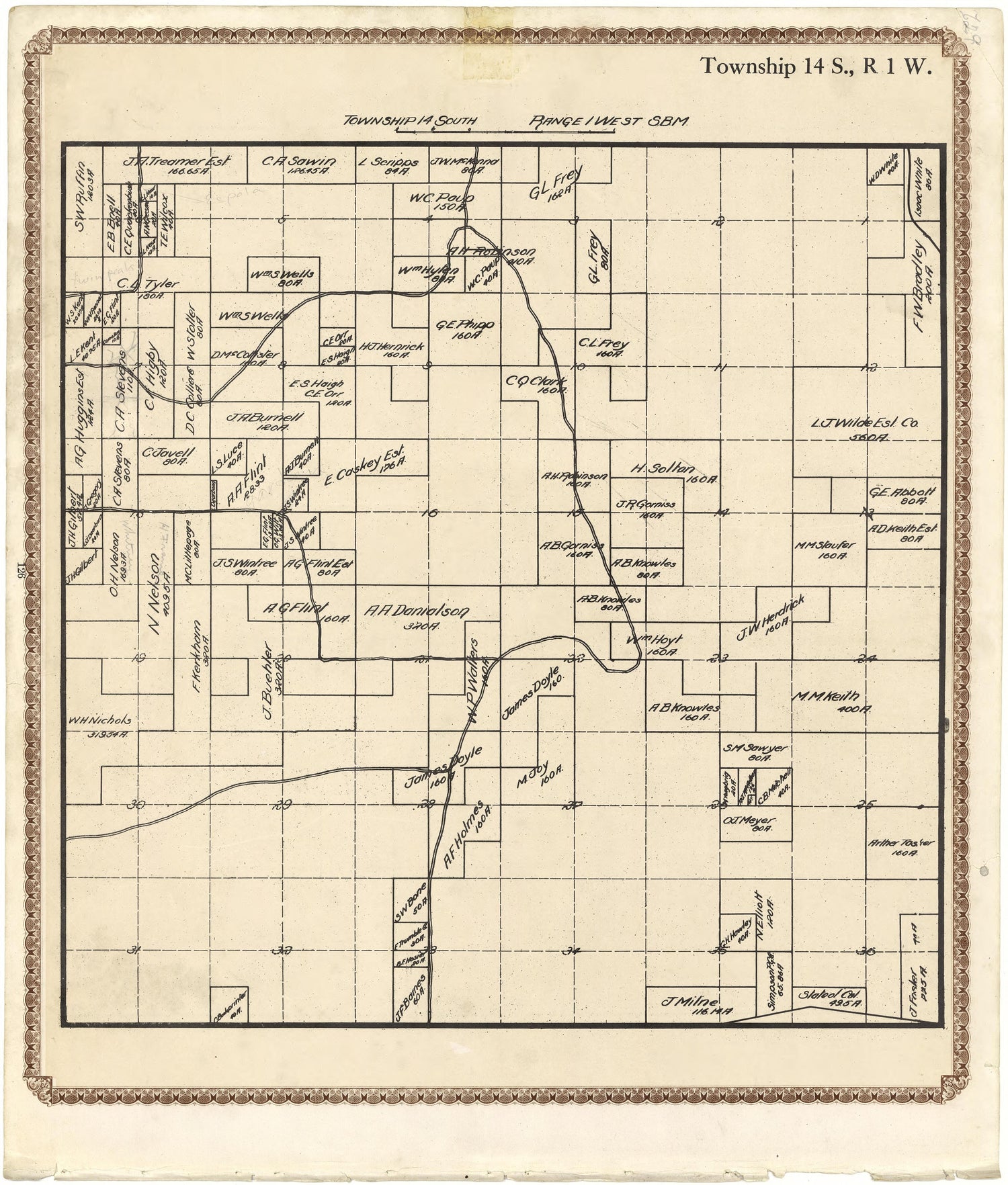 Township 14 S., R. 1 W from Plat Book of San Diego County, California 1912 by Relic Map Company