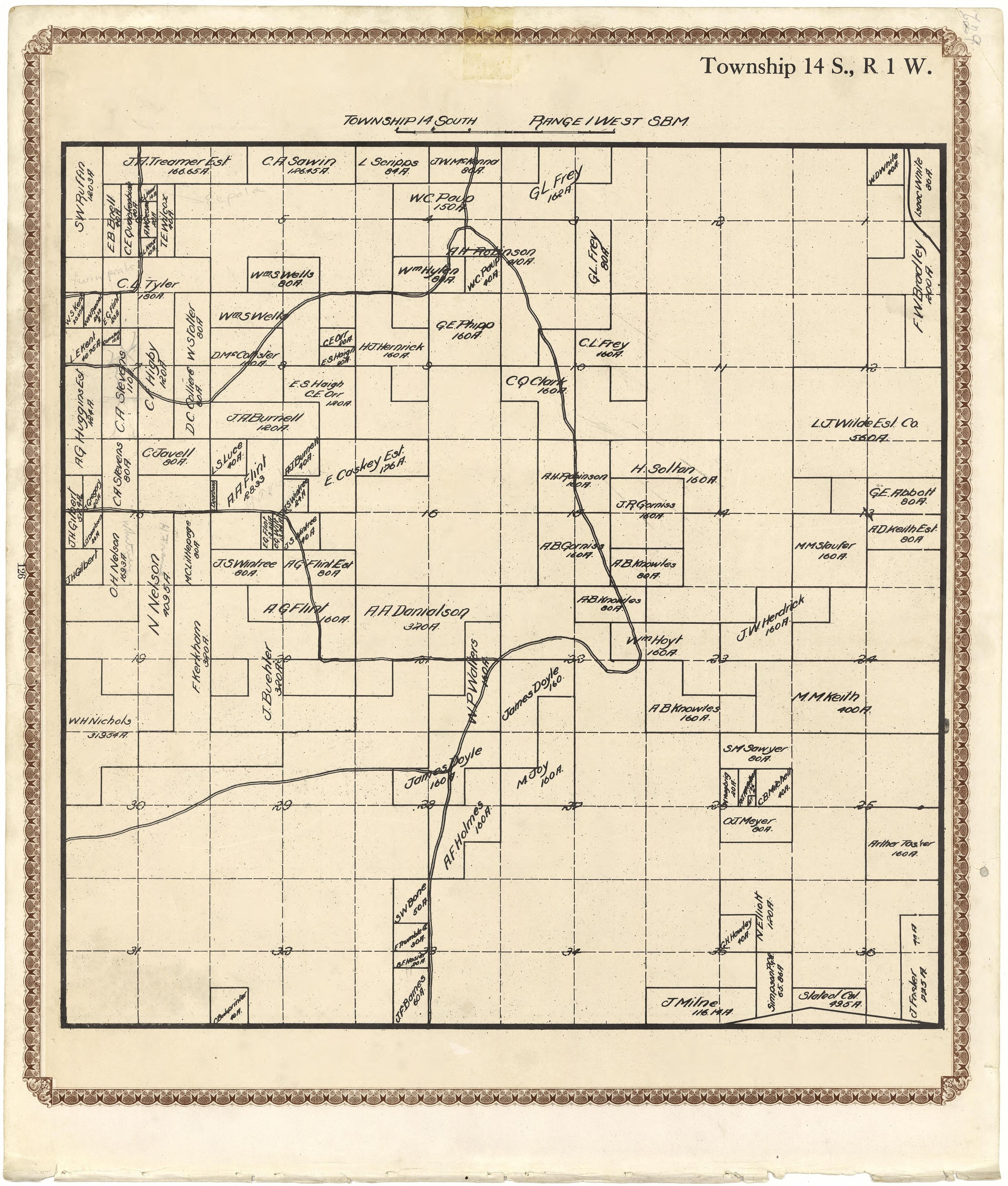 Township 14 S., R. 1 W from Plat Book of San Diego County, California 1912 by Relic Map Company