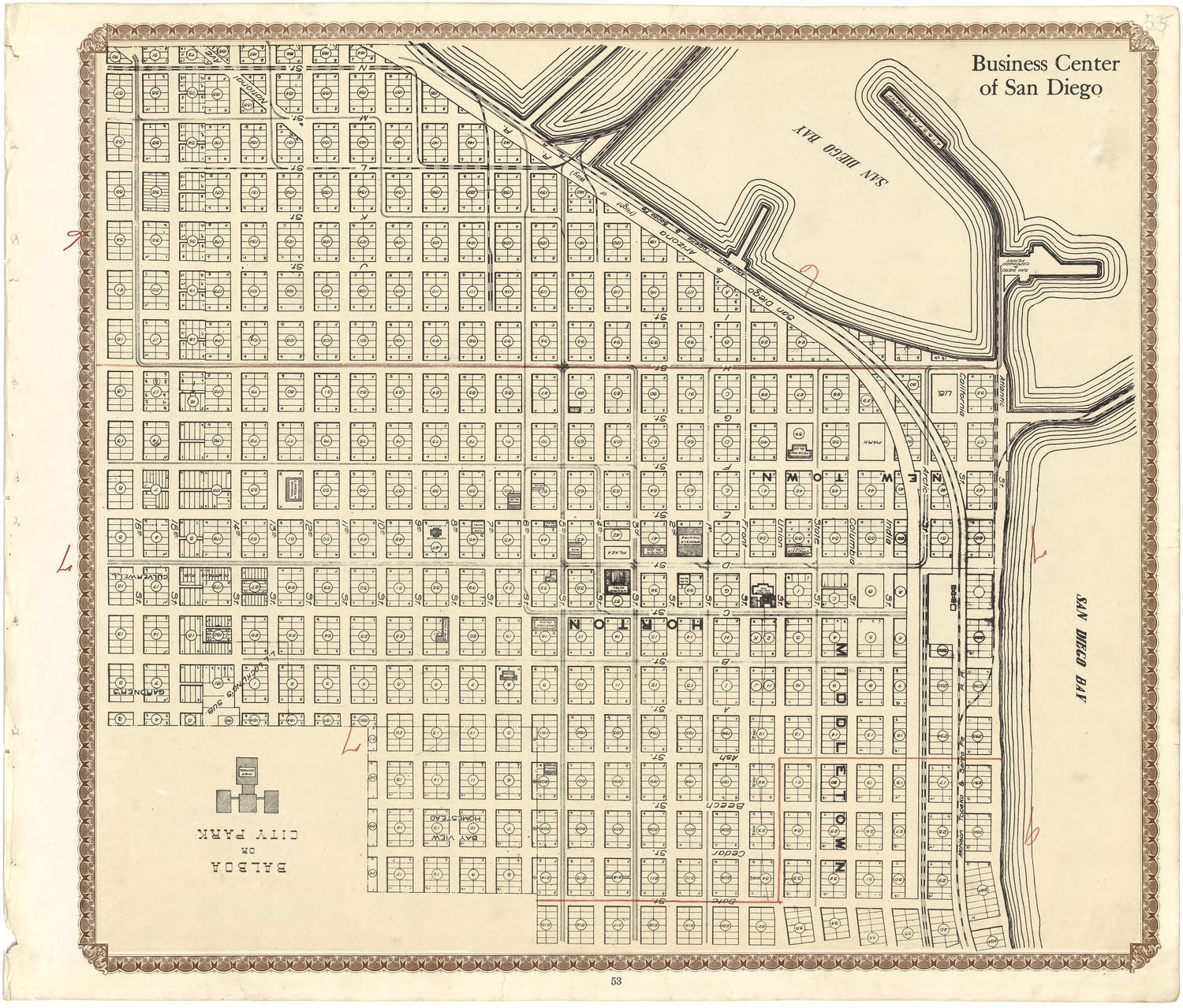 Business Center of San Diego from Plat Book of San Diego County, California 1912 by Relic Map Company