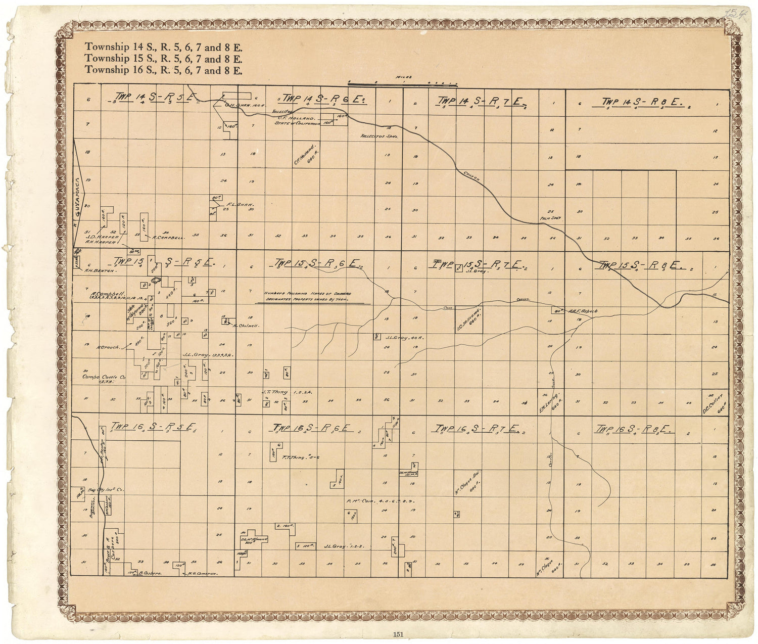 Townships 14, 15 and 16 S., R. 5, 6, 7 and 8 E; from Plat Book of San Diego County, California 1912 by Relic Map Company