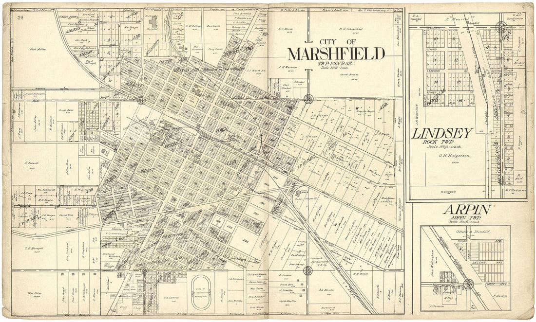 City of Marshfield; Lindsey; Arpin from Standard Atlas of Wood County, Wisconsin : Including a Plat Book of the Villages, Cities and Townships of the County, Map of the State, United States and World : Patrons Directory, Reference … 1909 by Relic Map Company