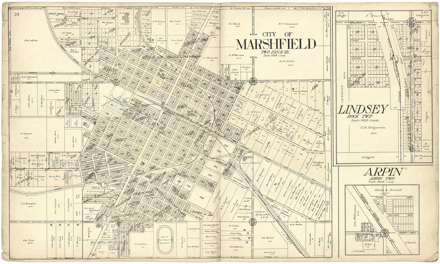 City of Marshfield; Lindsey; Arpin from Standard Atlas of Wood County, Wisconsin : Including a Plat Book of the Villages, Cities and Townships of the County, Map of the State, United States and World : Patrons Directory, Reference … 1909 by Relic Map Company