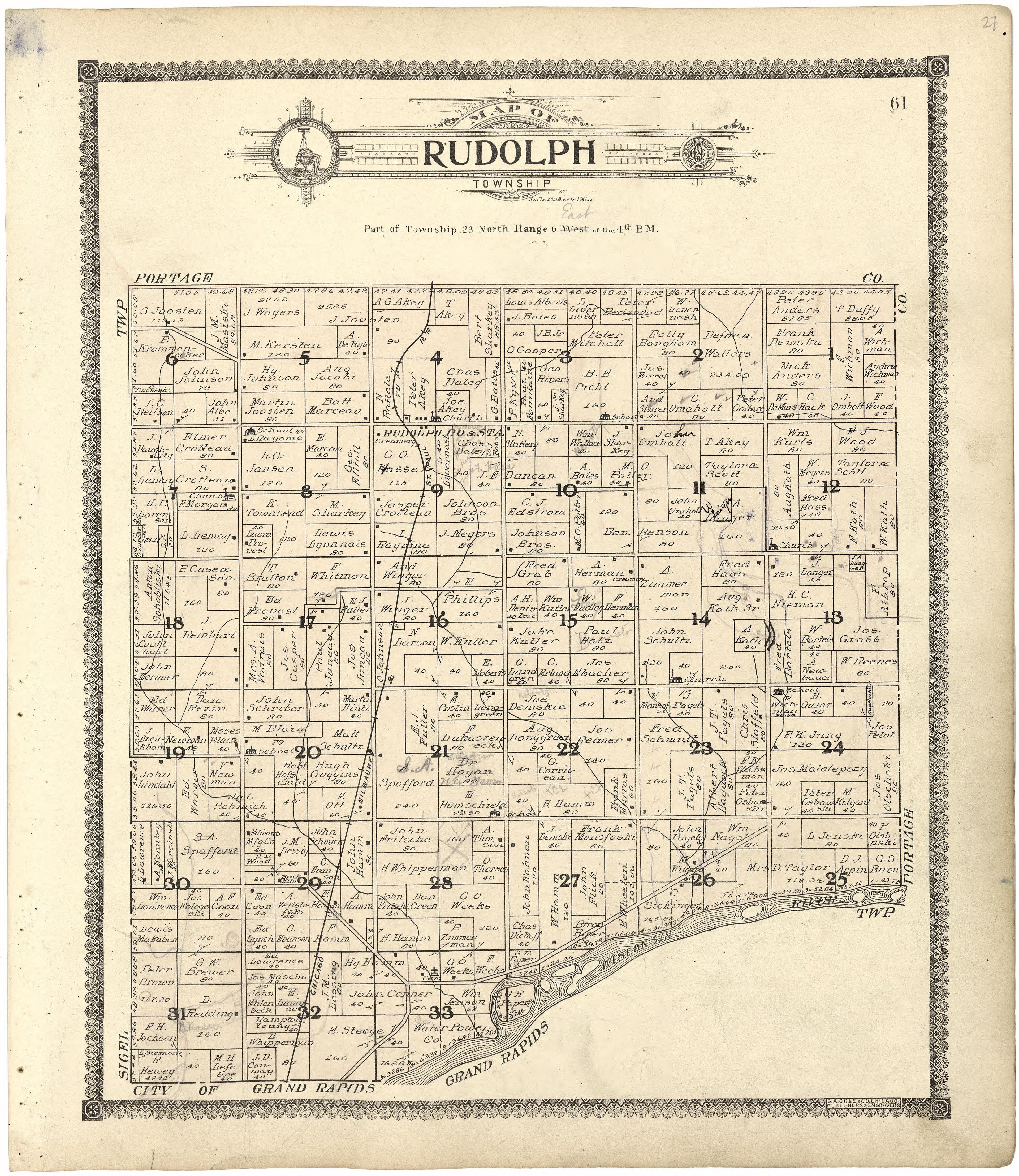 Map of Rudolph Township from Standard Atlas of Wood County, Wisconsin : Including a Plat Book of the Villages, Cities and Townships of the County, Map of the State, United States and World : Patrons Directory, Reference … 1909 by Relic Map Company