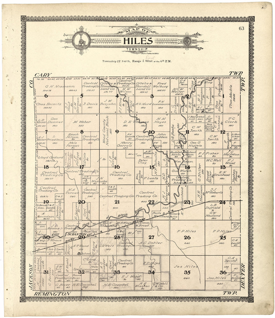 Map of Hiles Township from Standard Atlas of Wood County, Wisconsin : Including a Plat Book of the Villages, Cities and Townships of the County, Map of the State, United States and World : Patrons Directory, Reference … 1909 by Relic Map Company
