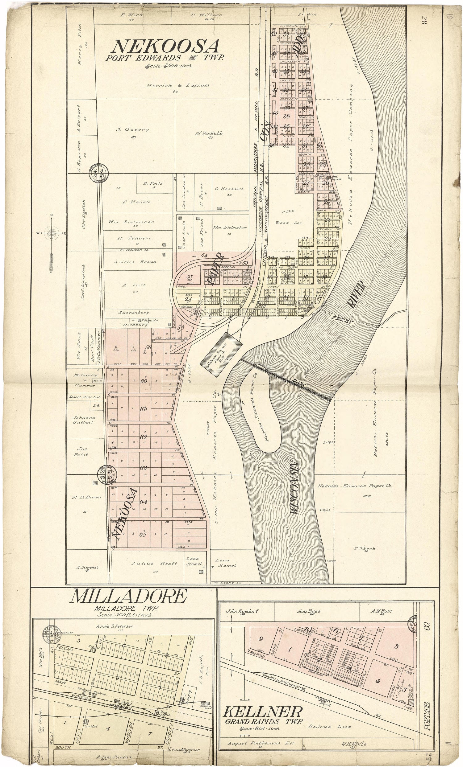 Nekoosa; Milladore; Kellner from Standard Atlas of Wood County, Wisconsin : Including a Plat Book of the Villages, Cities and Townships of the County, Map of the State, United States and World : Patrons Directory, Reference … 1909 by Relic Map Company