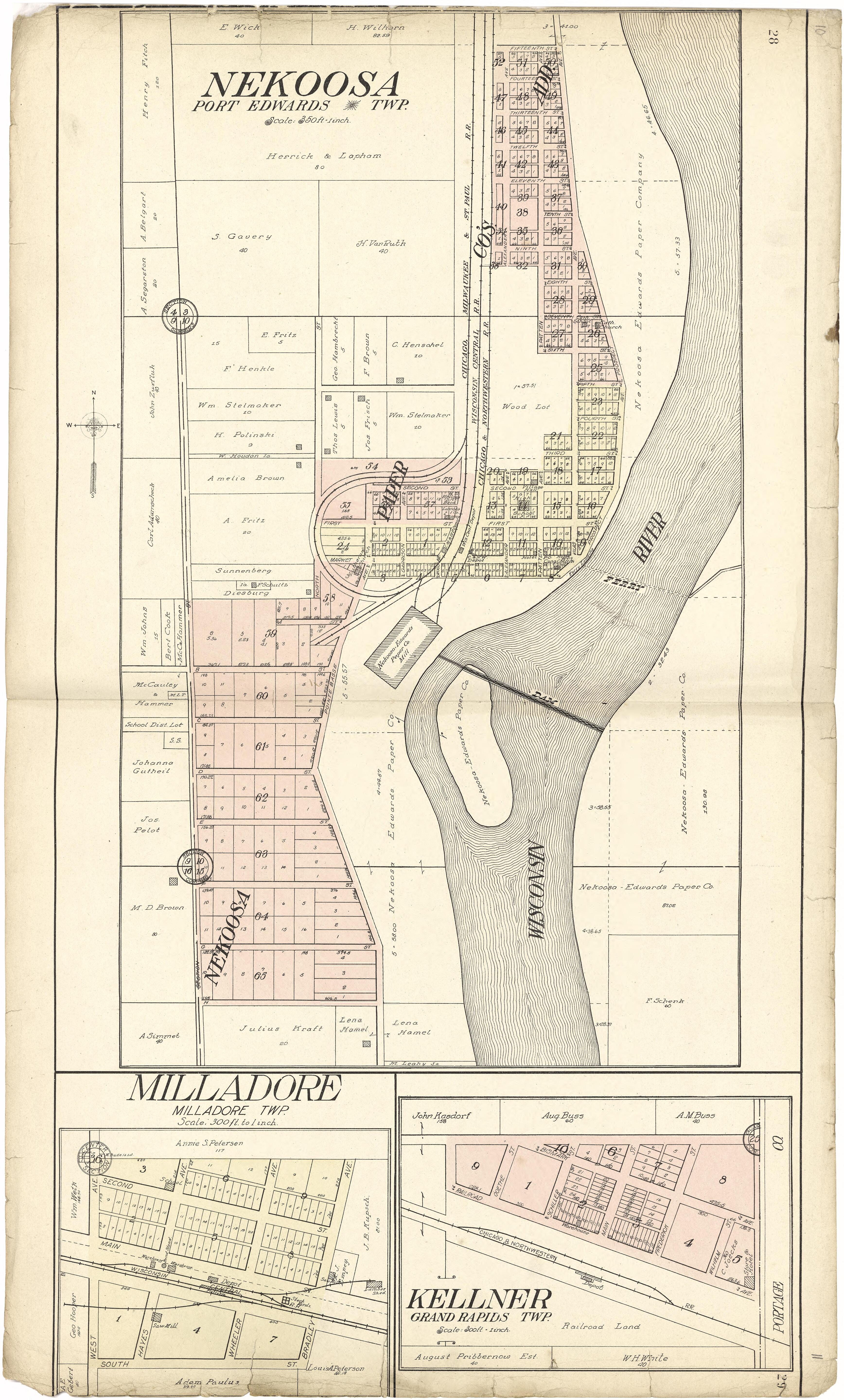 Nekoosa; Milladore; Kellner from Standard Atlas of Wood County, Wisconsin : Including a Plat Book of the Villages, Cities and Townships of the County, Map of the State, United States and World : Patrons Directory, Reference … 1909 by Relic Map Company