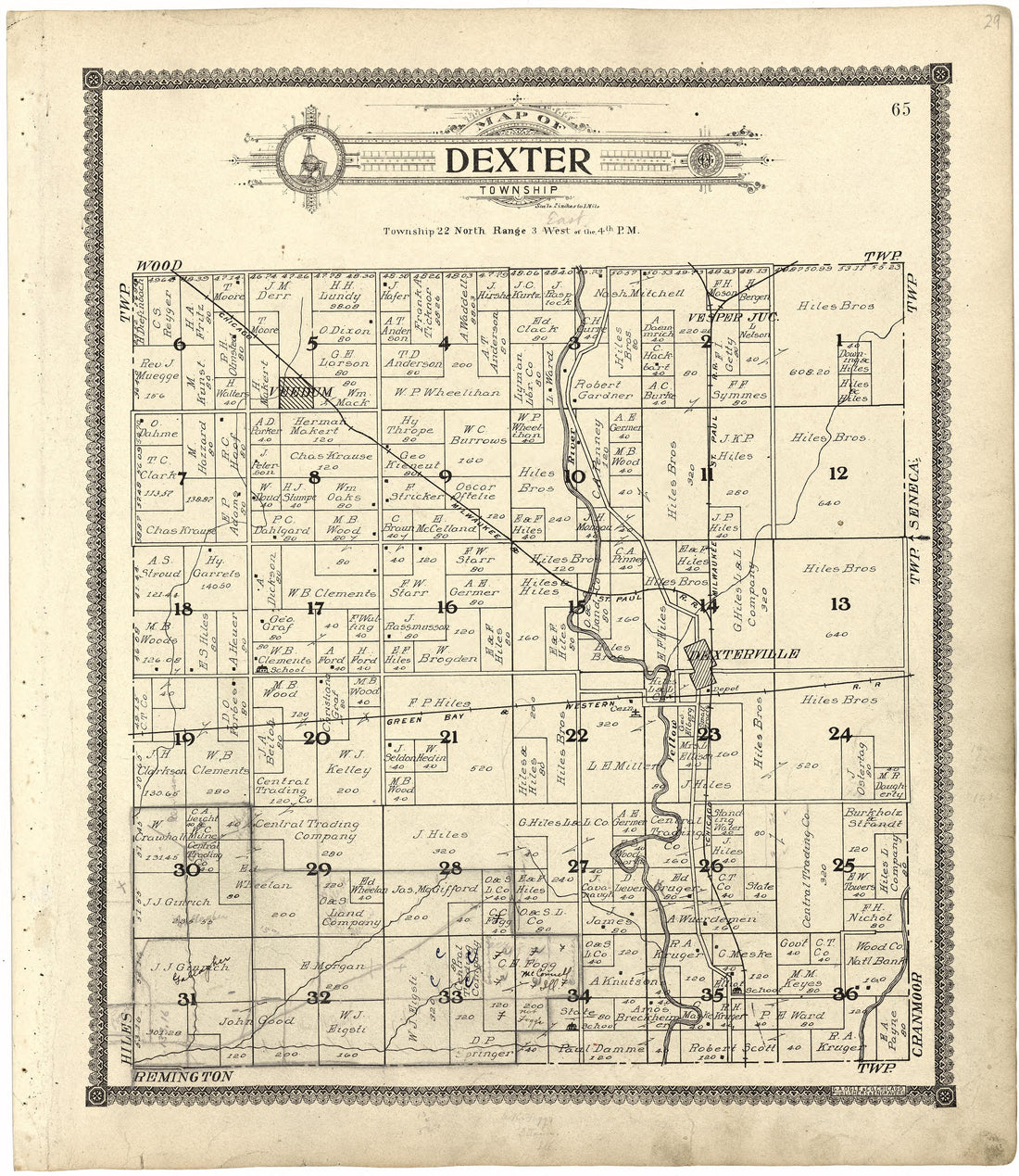 Map of Dexter Township from Standard Atlas of Wood County, Wisconsin : Including a Plat Book of the Villages, Cities and Townships of the County, Map of the State, United States and World : Patrons Directory, Reference … 1909 by Relic Map Company
