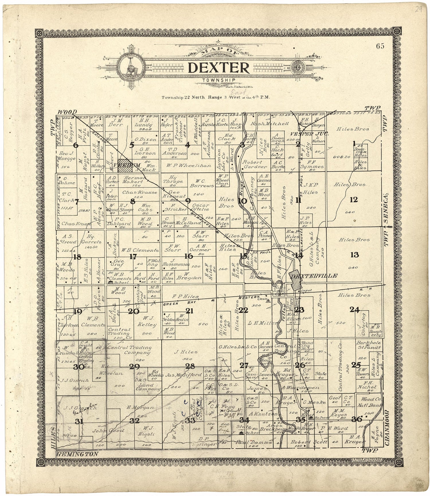 Map of Dexter Township from Standard Atlas of Wood County, Wisconsin : Including a Plat Book of the Villages, Cities and Townships of the County, Map of the State, United States and World : Patrons Directory, Reference … 1909 by Relic Map Company