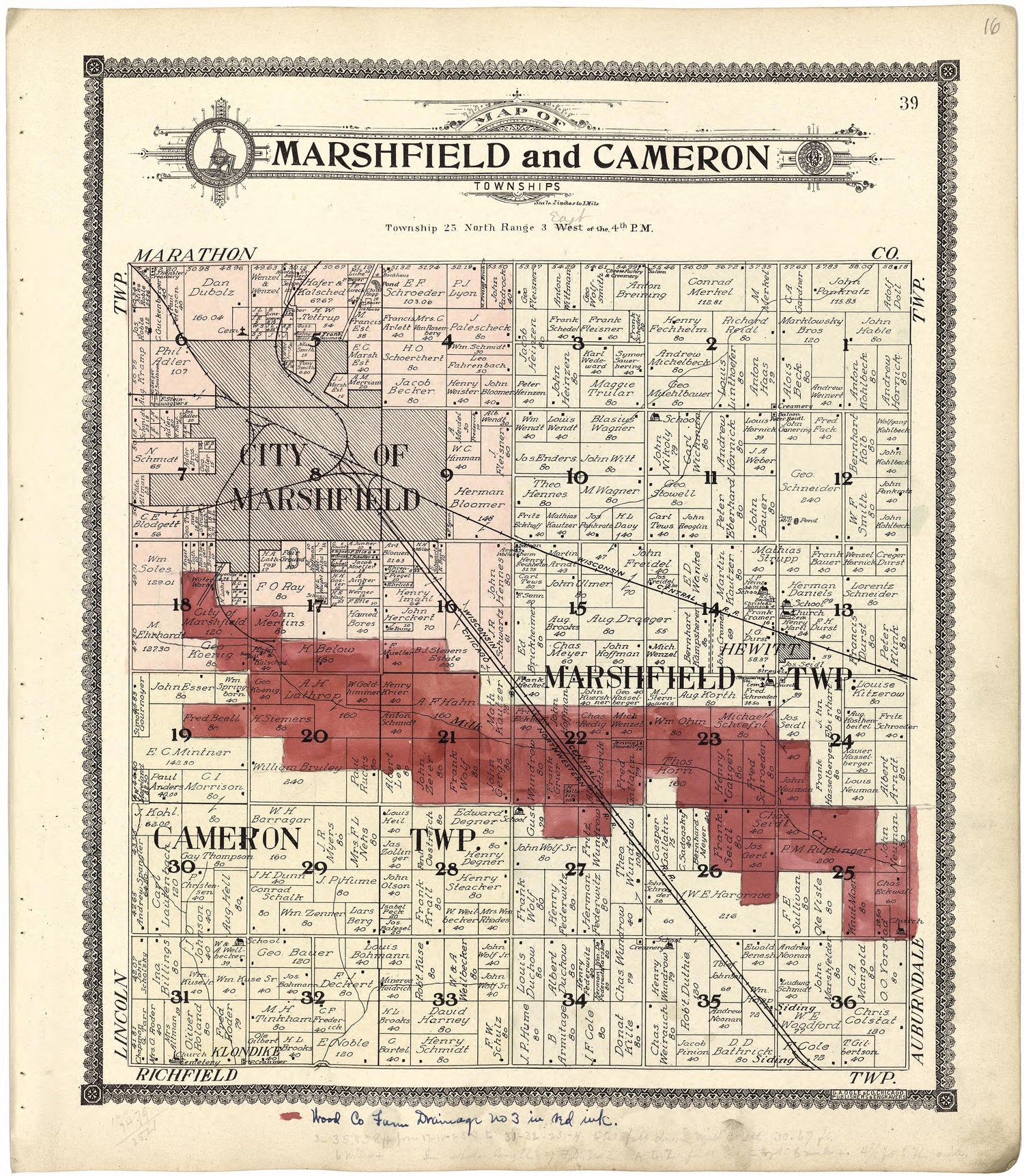 Map of Marshfield and Cameron Township from Standard Atlas of Wood County, Wisconsin : Including a Plat Book of the Villages, Cities and Townships of the County, Map of the State, United States and World : Patrons Directory, Reference … 1909 by Relic Map Company
