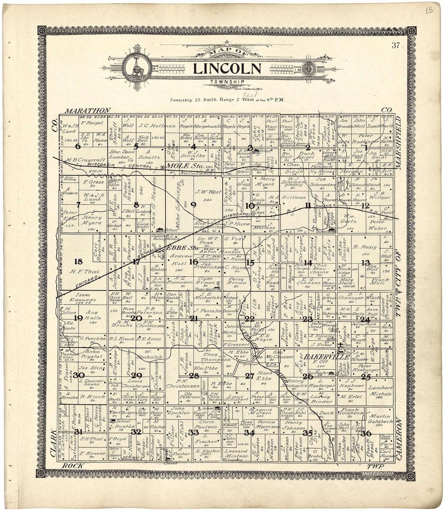Map of Lincoln Township from Standard Atlas of Wood County, Wisconsin : Including a Plat Book of the Villages, Cities and Townships of the County, Map of the State, United States and World : Patrons Directory, Reference … 1909 by Relic Map Company