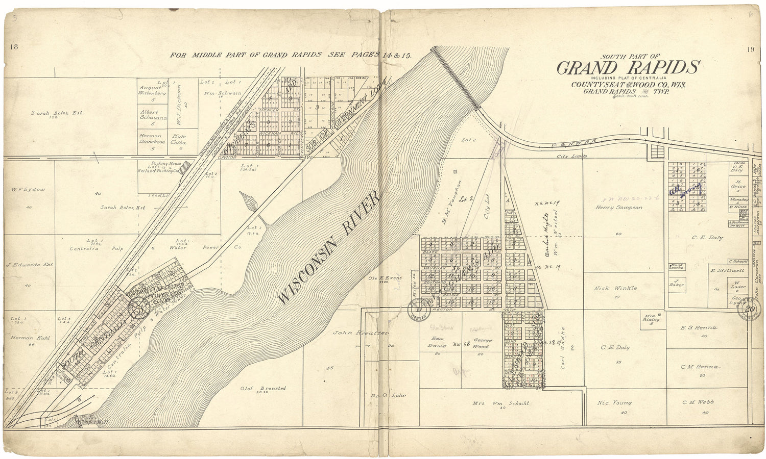 South Part of Grand Rapids from Standard Atlas of Wood County, Wisconsin : Including a Plat Book of the Villages, Cities and Townships of the County, Map of the State, United States and World : Patrons Directory, Reference … 1909 by Relic Map Company