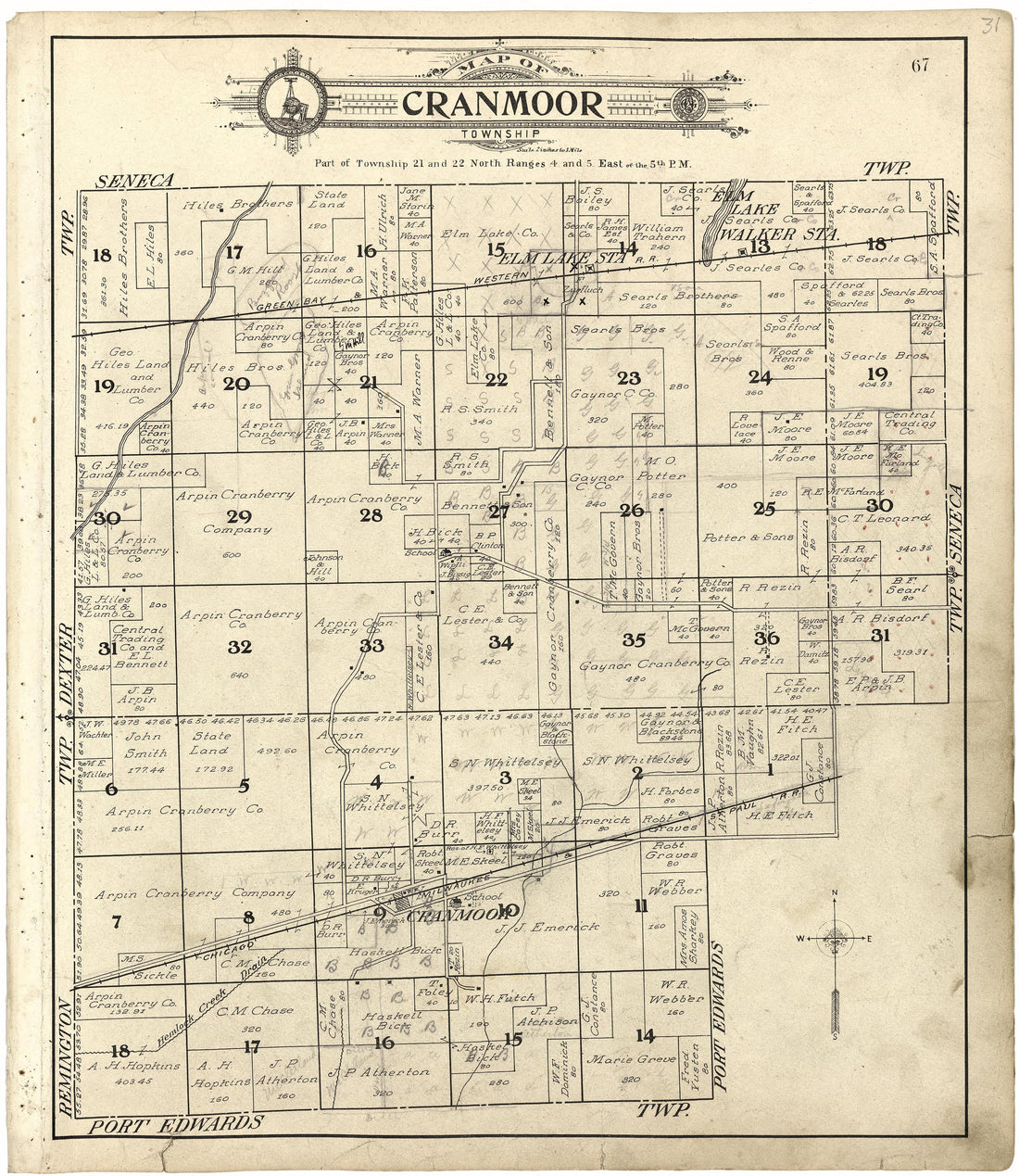 Map of Cranmoor Township from Standard Atlas of Wood County, Wisconsin : Including a Plat Book of the Villages, Cities and Townships of the County, Map of the State, United States and World : Patrons Directory, Reference … 1909 by Relic Map Company