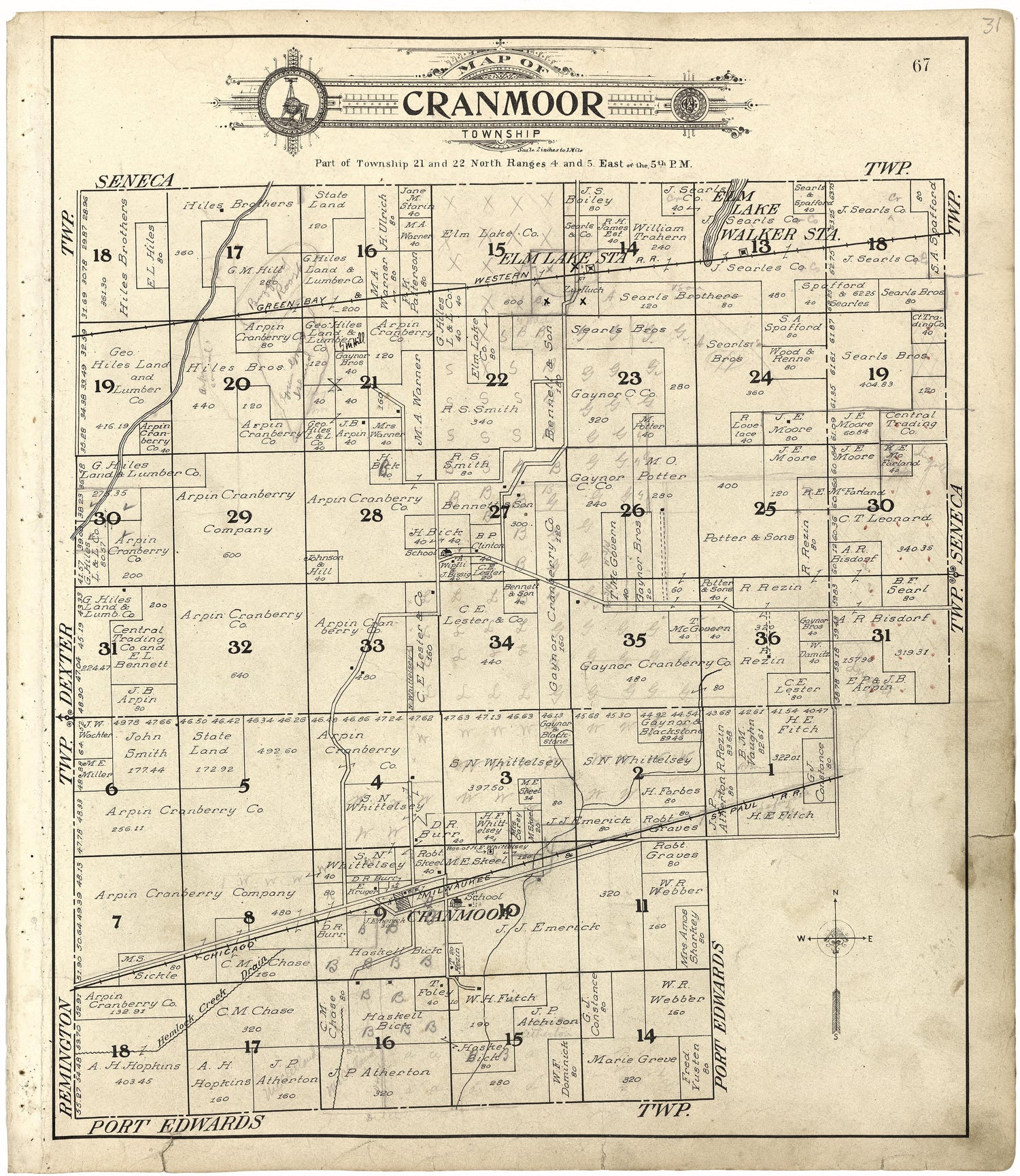 Map of Cranmoor Township from Standard Atlas of Wood County, Wisconsin : Including a Plat Book of the Villages, Cities and Townships of the County, Map of the State, United States and World : Patrons Directory, Reference … 1909 by Relic Map Company