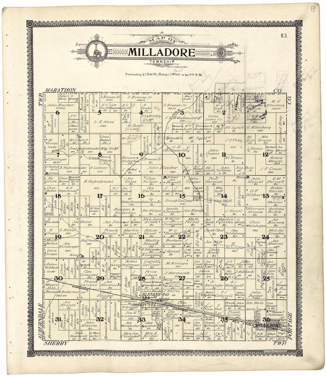 Map of Milladore Township from Standard Atlas of Wood County, Wisconsin : Including a Plat Book of the Villages, Cities and Townships of the County, Map of the State, United States and World : Patrons Directory, Reference … 1909 by Relic Map Company