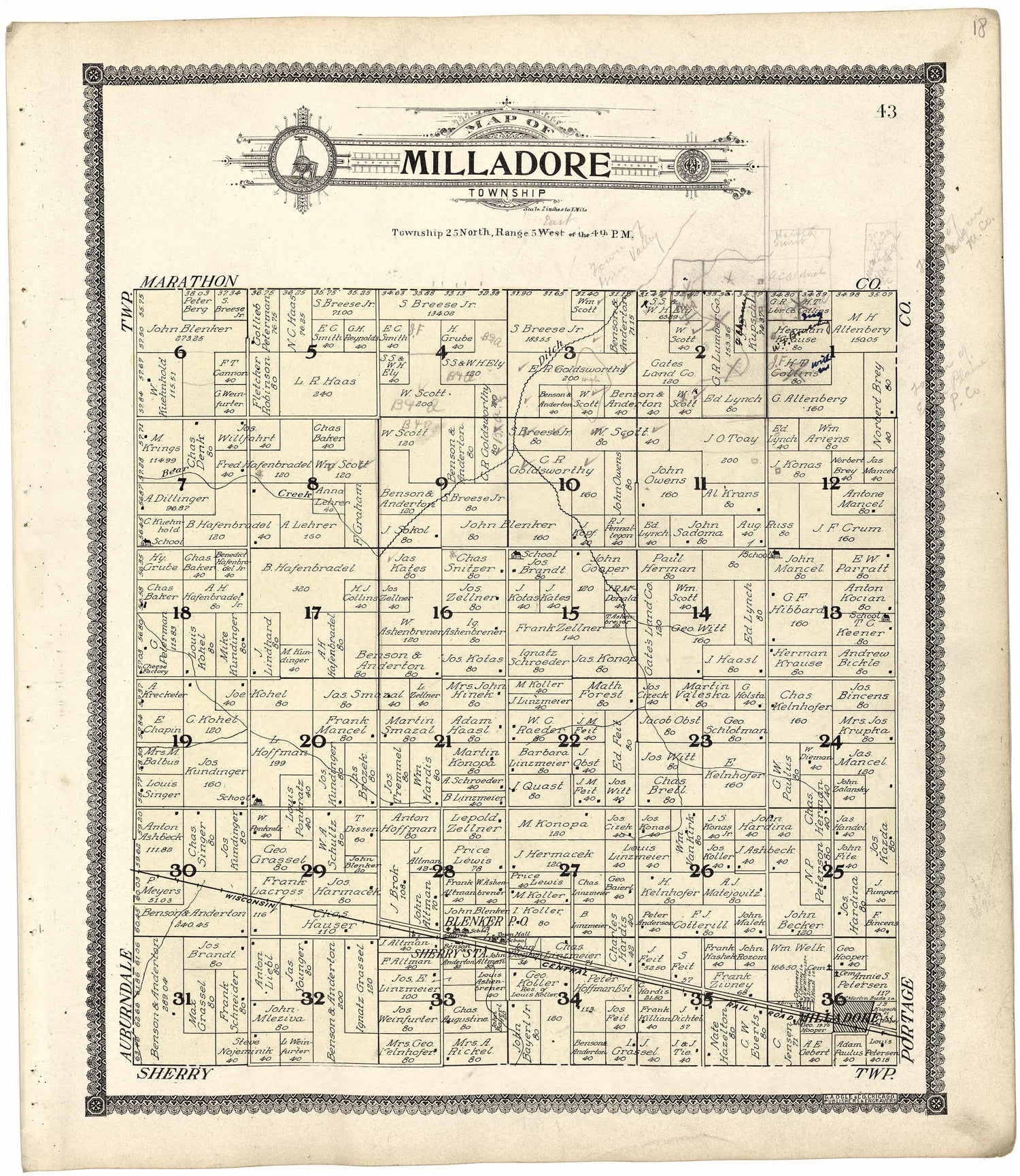 Map of Milladore Township from Standard Atlas of Wood County, Wisconsin : Including a Plat Book of the Villages, Cities and Townships of the County, Map of the State, United States and World : Patrons Directory, Reference … 1909 by Relic Map Company