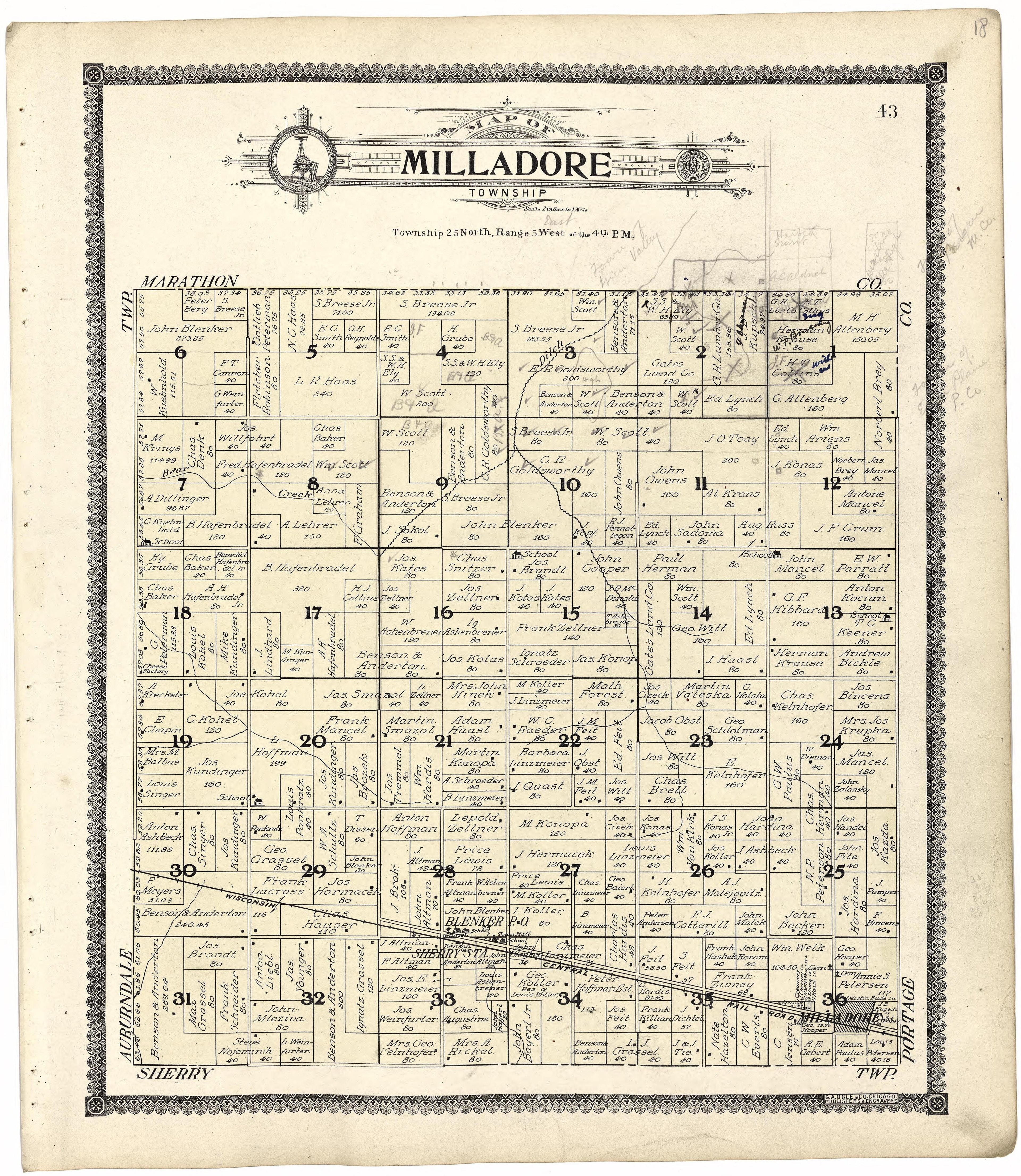 Map of Milladore Township from Standard Atlas of Wood County, Wisconsin : Including a Plat Book of the Villages, Cities and Townships of the County, Map of the State, United States and World : Patrons Directory, Reference … 1909 by Relic Map Company