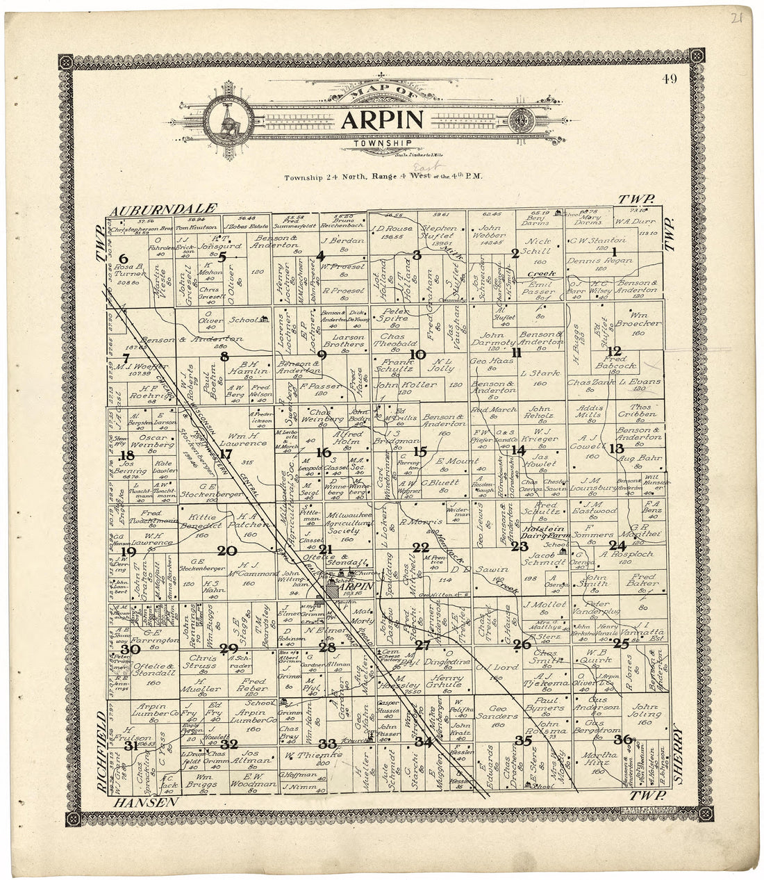Map of Arpin Township from Standard Atlas of Wood County, Wisconsin : Including a Plat Book of the Villages, Cities and Townships of the County, Map of the State, United States and World : Patrons Directory, Reference … 1909 by Relic Map Company