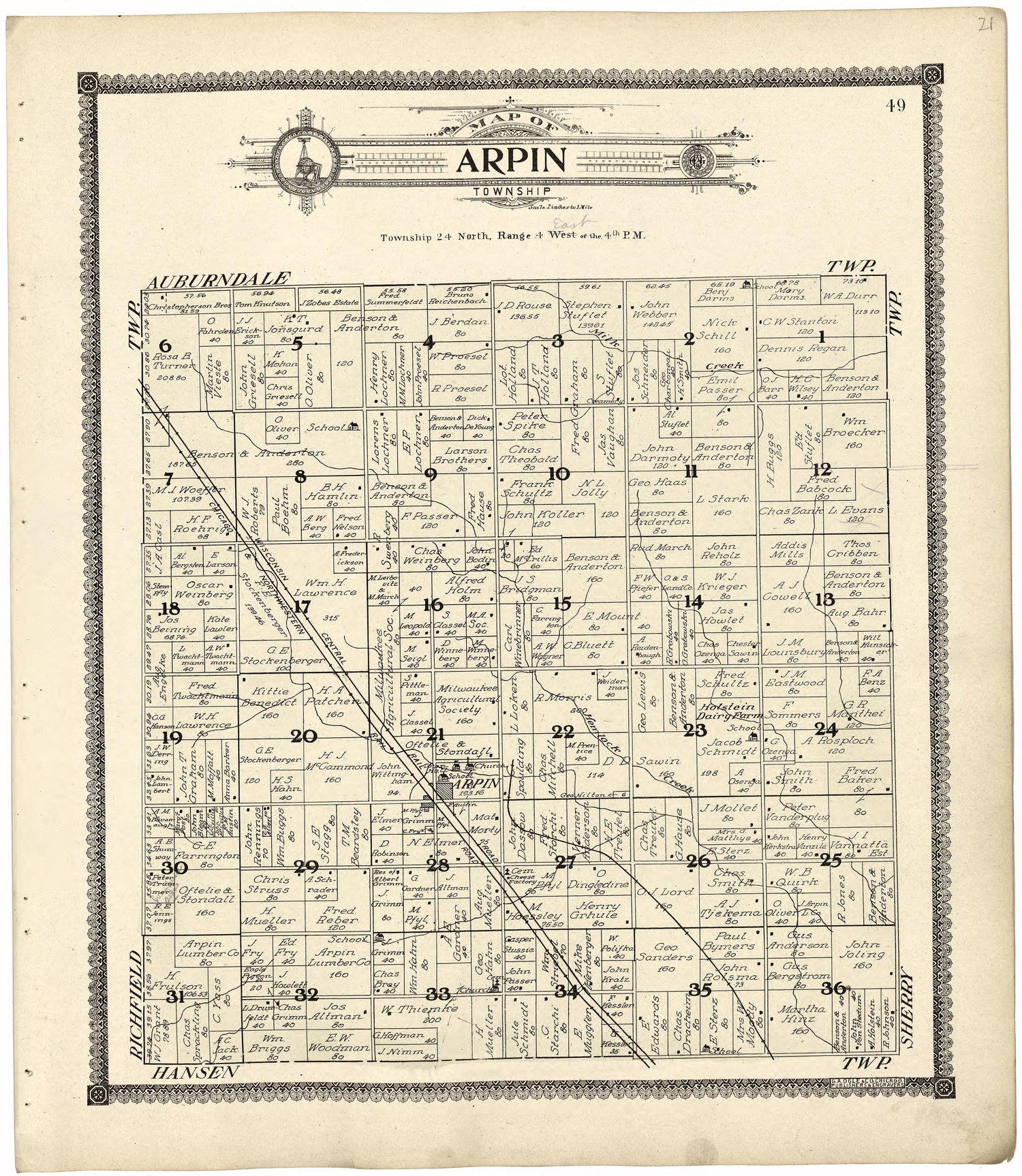 Map of Arpin Township from Standard Atlas of Wood County, Wisconsin : Including a Plat Book of the Villages, Cities and Townships of the County, Map of the State, United States and World : Patrons Directory, Reference … 1909 by Relic Map Company