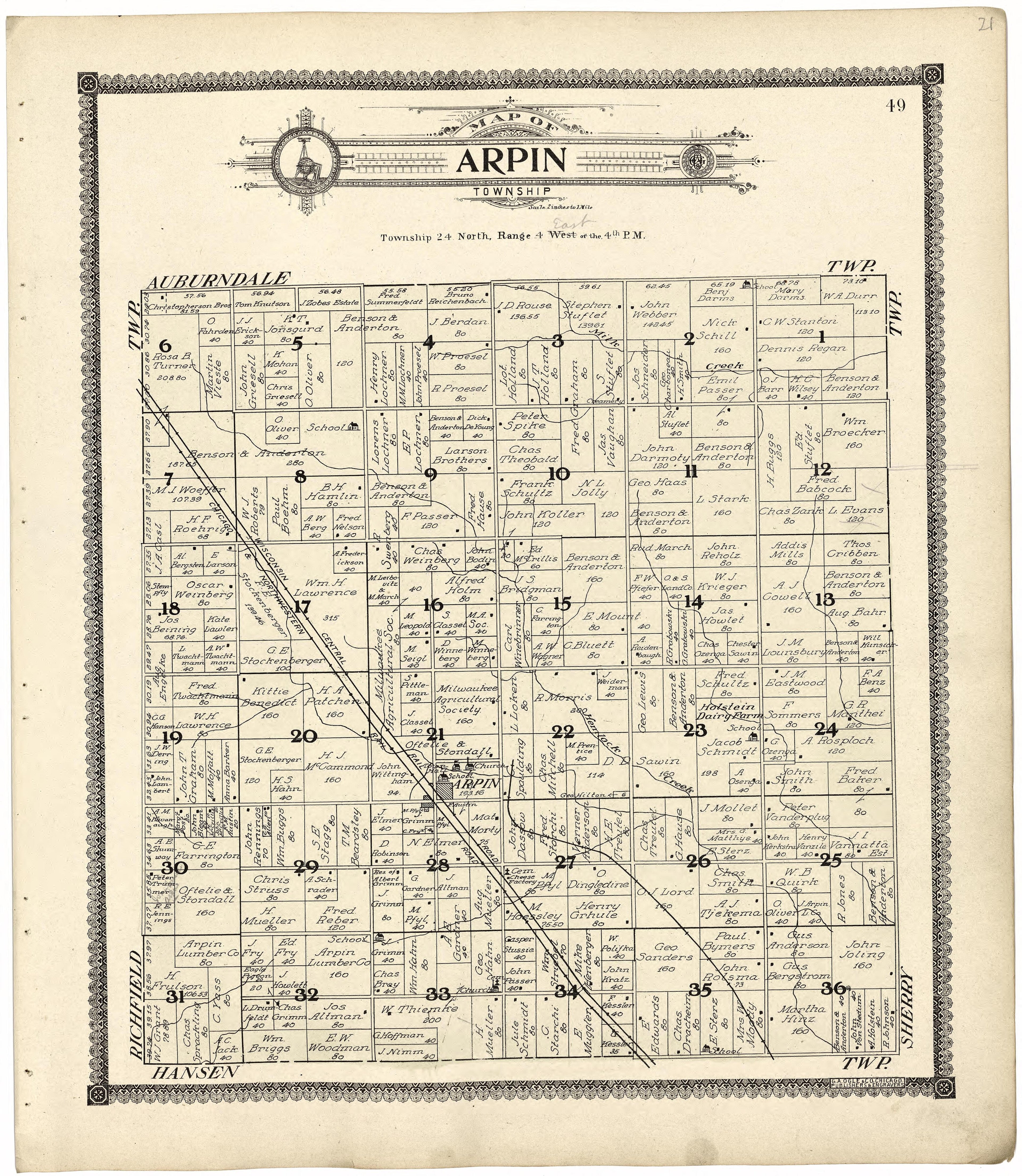 Map of Arpin Township from Standard Atlas of Wood County, Wisconsin : Including a Plat Book of the Villages, Cities and Townships of the County, Map of the State, United States and World : Patrons Directory, Reference … 1909 by Relic Map Company