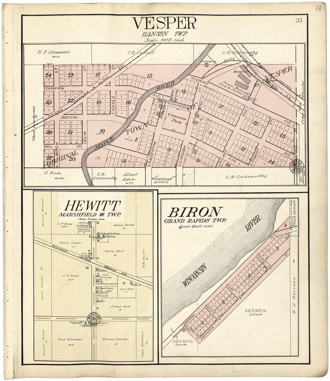 Vesper; Hewitt; Biron from Standard Atlas of Wood County, Wisconsin : Including a Plat Book of the Villages, Cities and Townships of the County, Map of the State, United States and World : Patrons Directory, Reference … 1909 by Relic Map Company