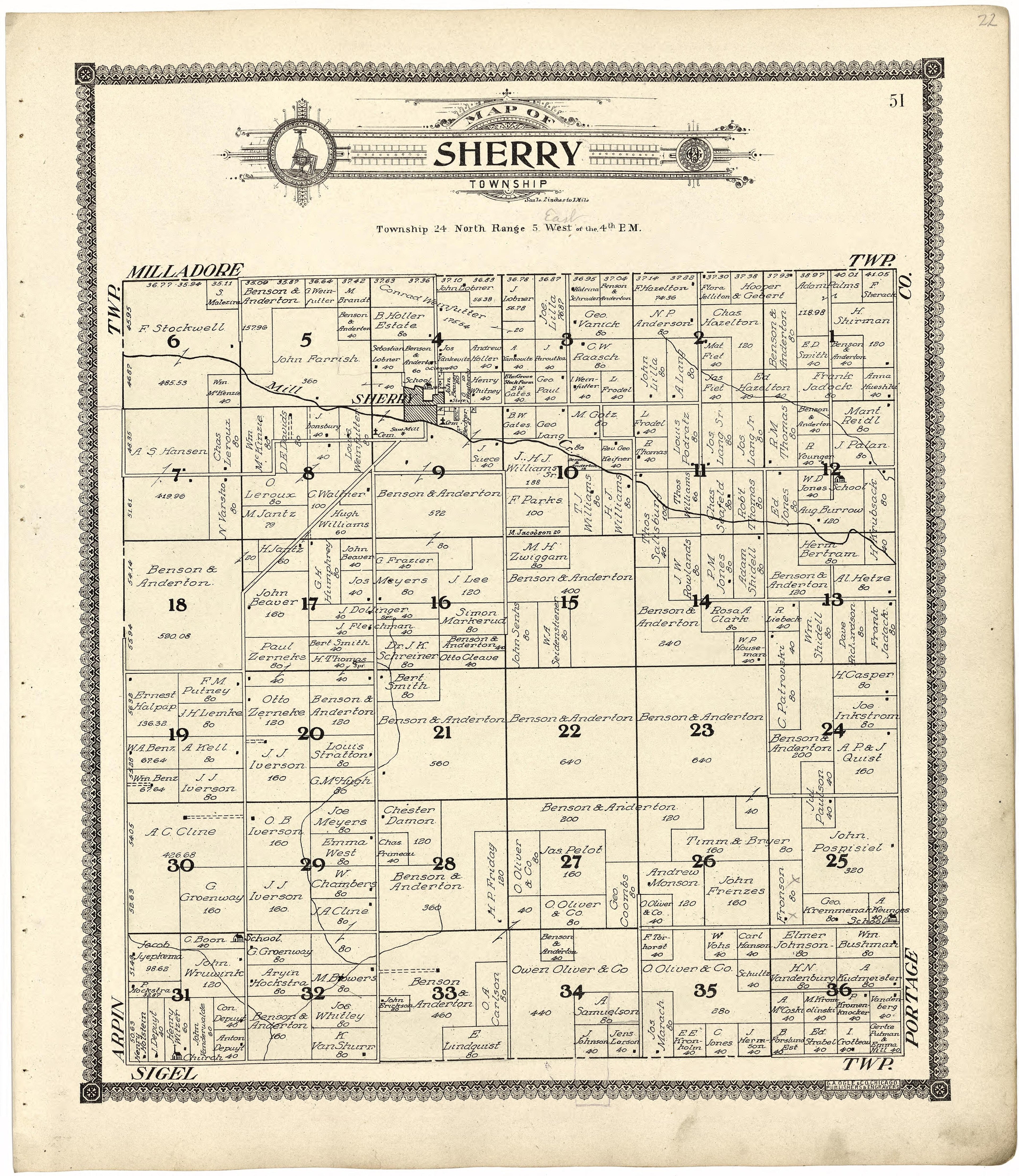 Map of Sherry Township from Standard Atlas of Wood County, Wisconsin : Including a Plat Book of the Villages, Cities and Townships of the County, Map of the State, United States and World : Patrons Directory, Reference … 1909 by Relic Map Company