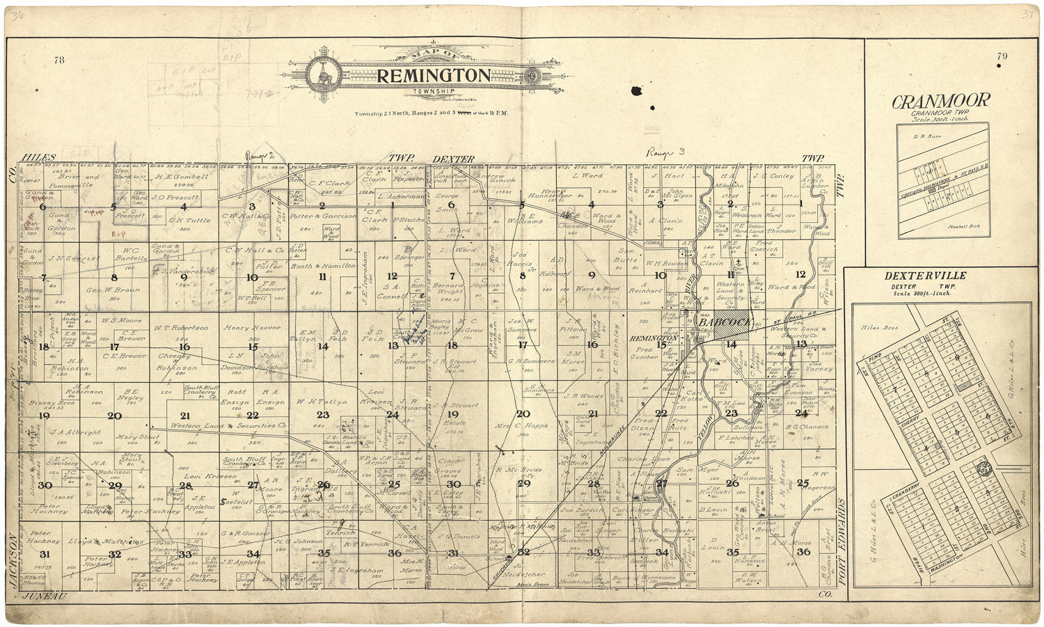 Map of Remington Township from Standard Atlas of Wood County, Wisconsin : Including a Plat Book of the Villages, Cities and Townships of the County, Map of the State, United States and World : Patrons Directory, Reference … 1909 by Relic Map Company