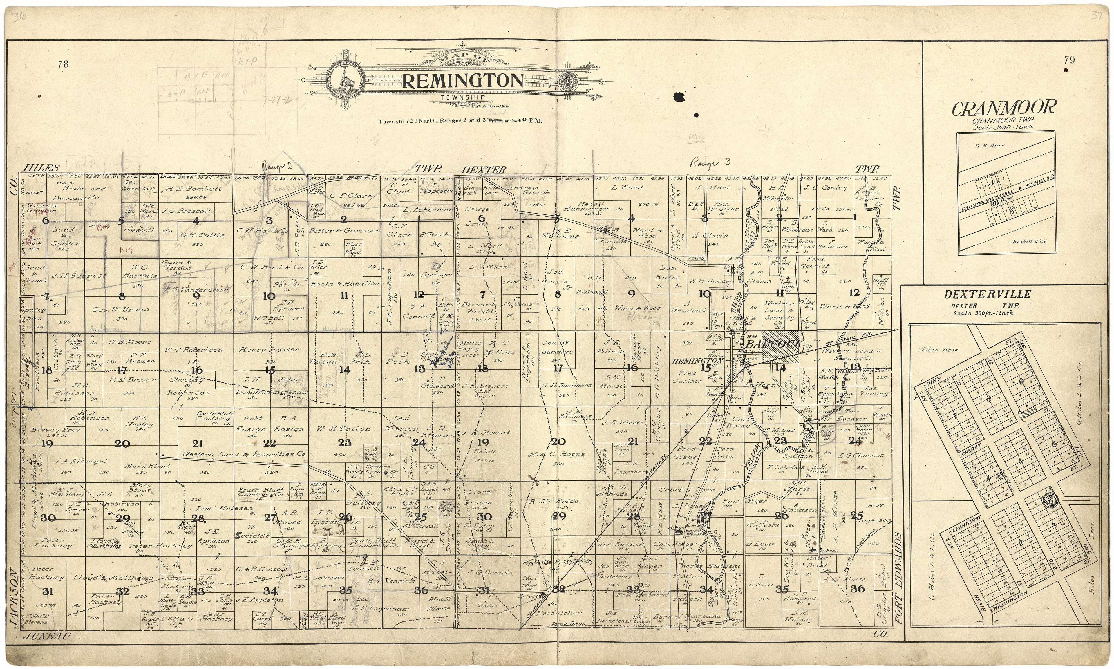 Map of Remington Township from Standard Atlas of Wood County, Wisconsin : Including a Plat Book of the Villages, Cities and Townships of the County, Map of the State, United States and World : Patrons Directory, Reference … 1909 by Relic Map Company