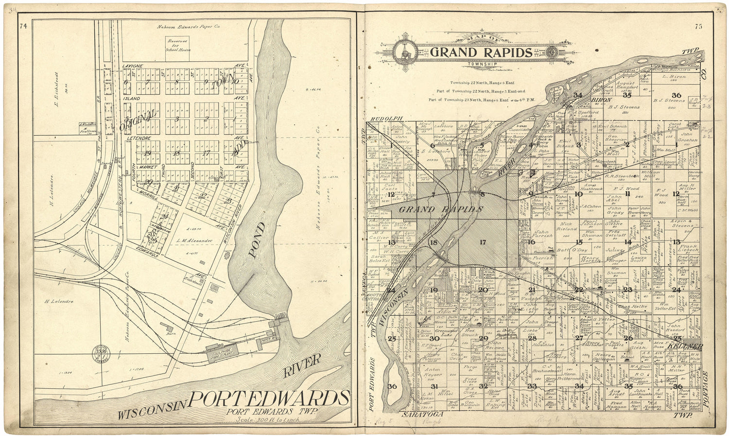 Map of Grand Rapids Township from Standard Atlas of Wood County, Wisconsin : Including a Plat Book of the Villages, Cities and Townships of the County, Map of the State, United States and World : Patrons Directory, Reference … 1909 by Relic Map Company