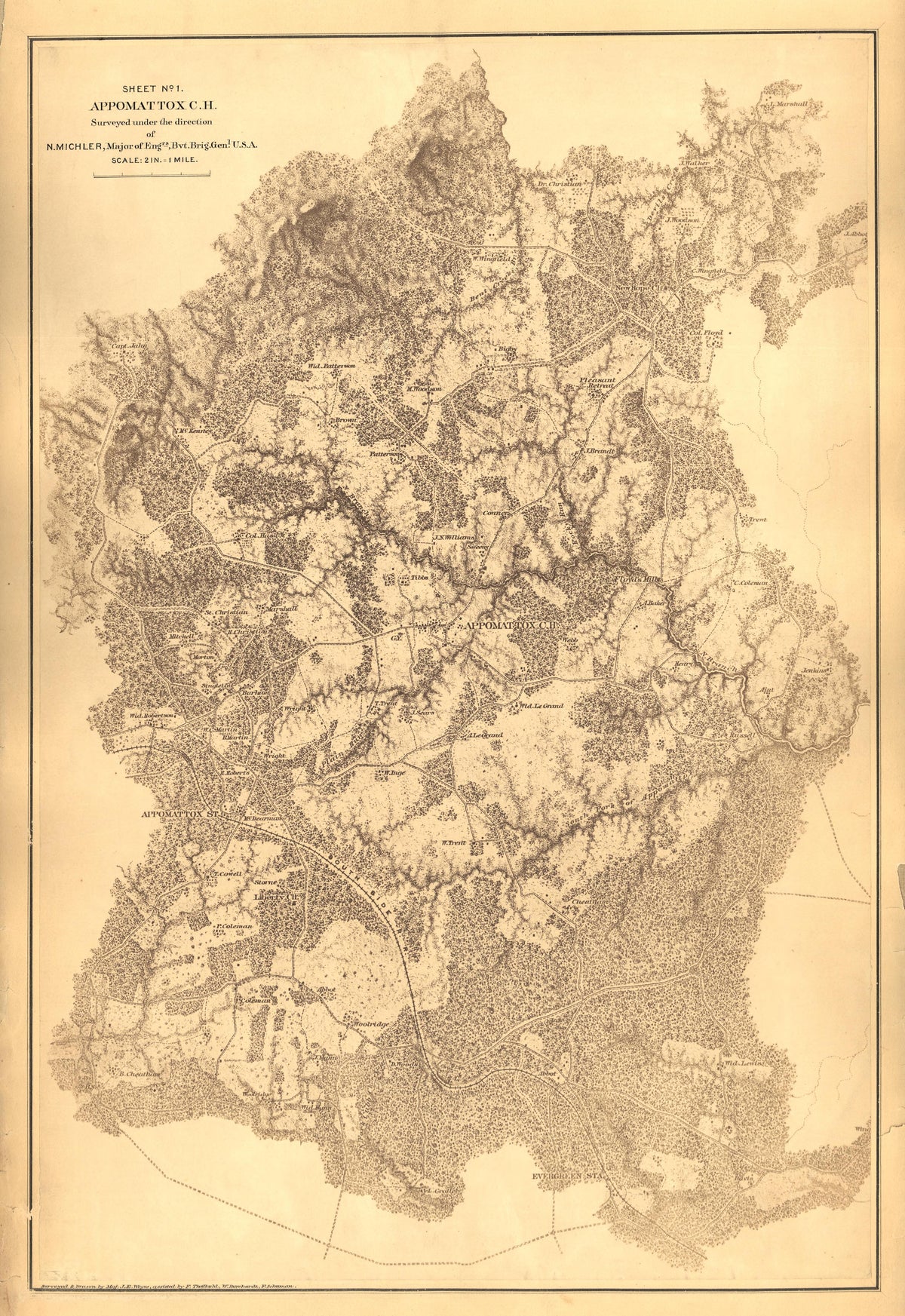 Sheet No. 1: Appomattox C.H. from Military Maps Illustrating the Operations of the Armies of the Potomac and James Against Richmond, May 4th, 1864 to April 9th, 1865 : Including Battlefields of the Wilderness, Totopotomoy, North Anna, Spottsylvania, �... by Relic Map Company