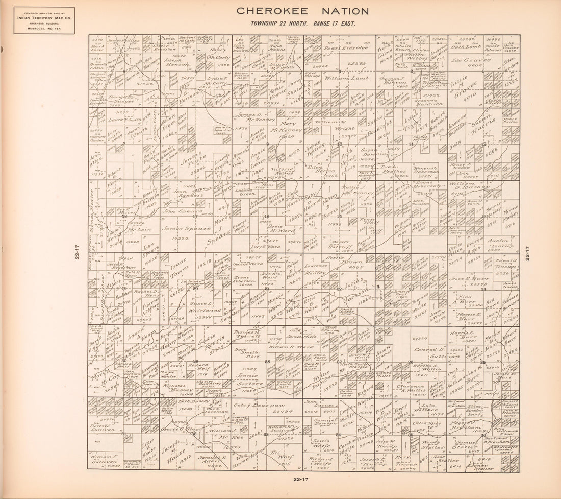 Township 22 North, Range 17 East from Cherokee Nation 1909 by Relic Map Company
