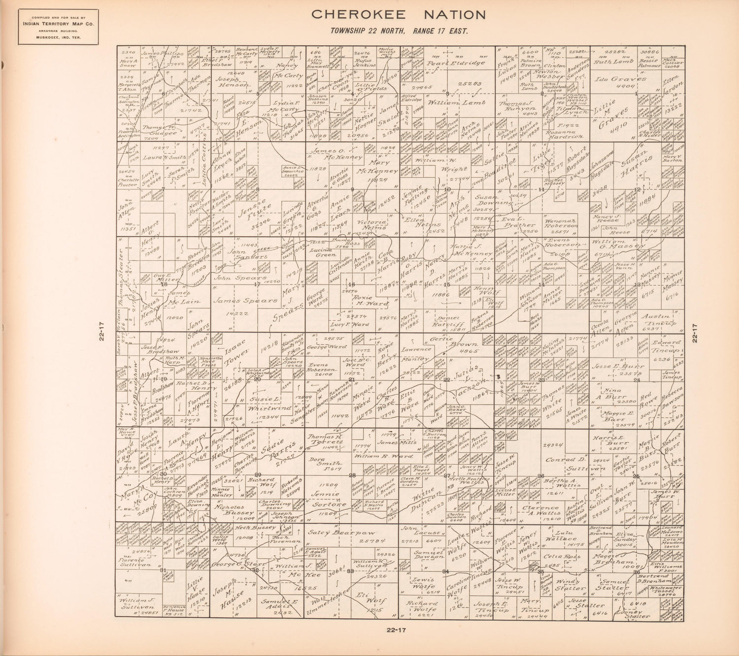 Township 22 North, Range 17 East from Cherokee Nation 1909 by Relic Map Company