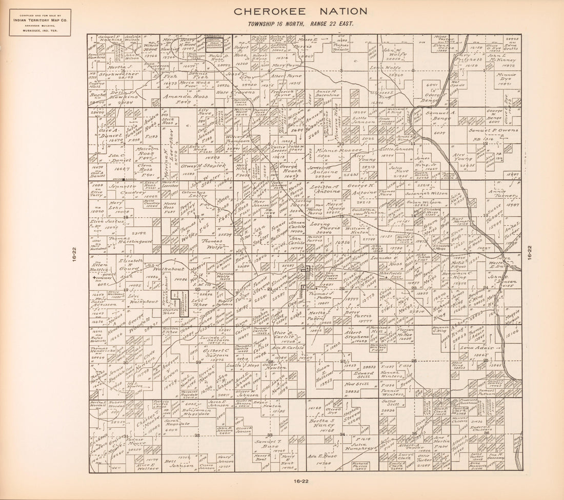 Township 16 North, Range 22 East from Cherokee Nation 1909 by Relic Map Company