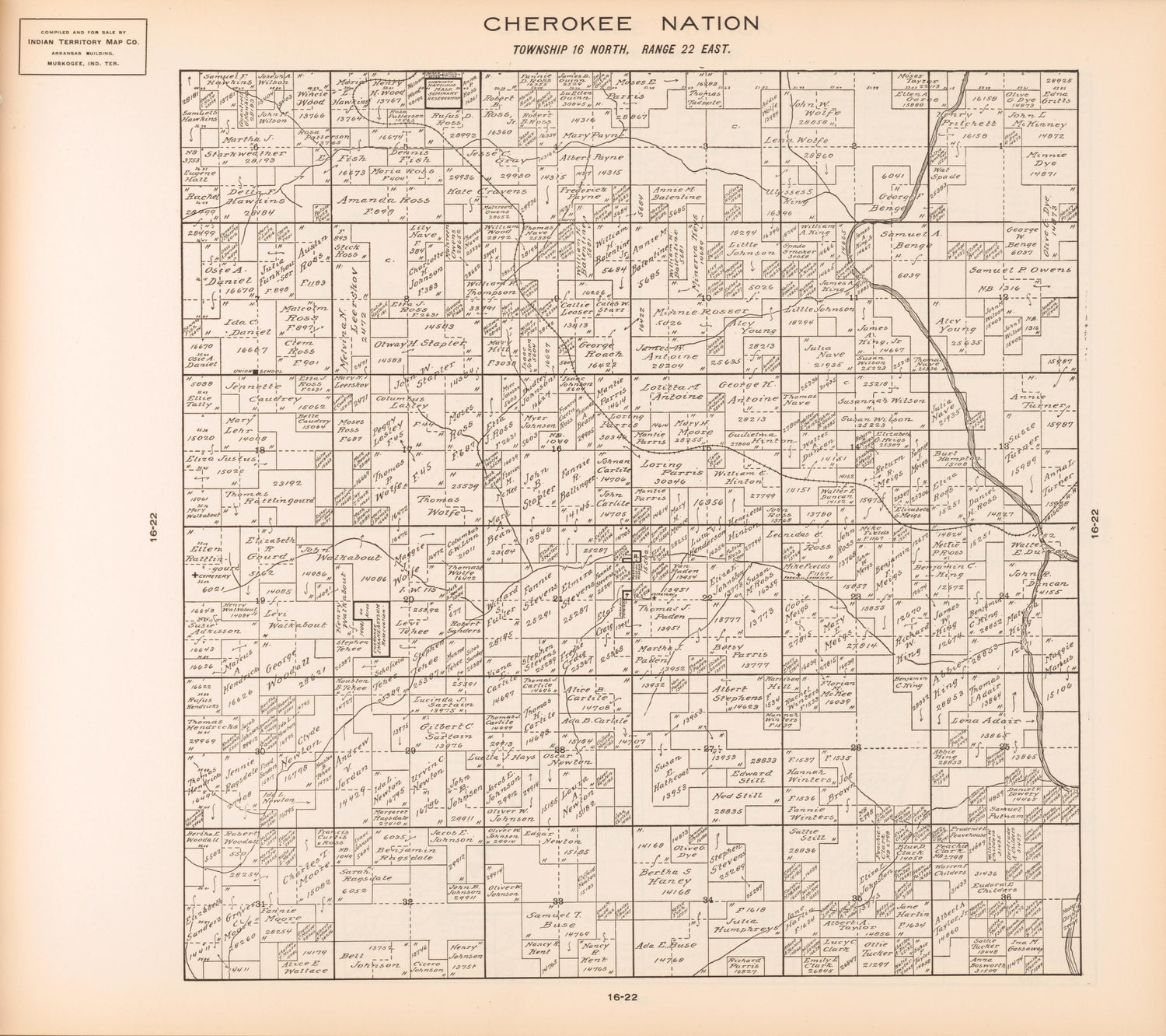 Township 16 North, Range 22 East from Cherokee Nation 1909 by Relic Map Company