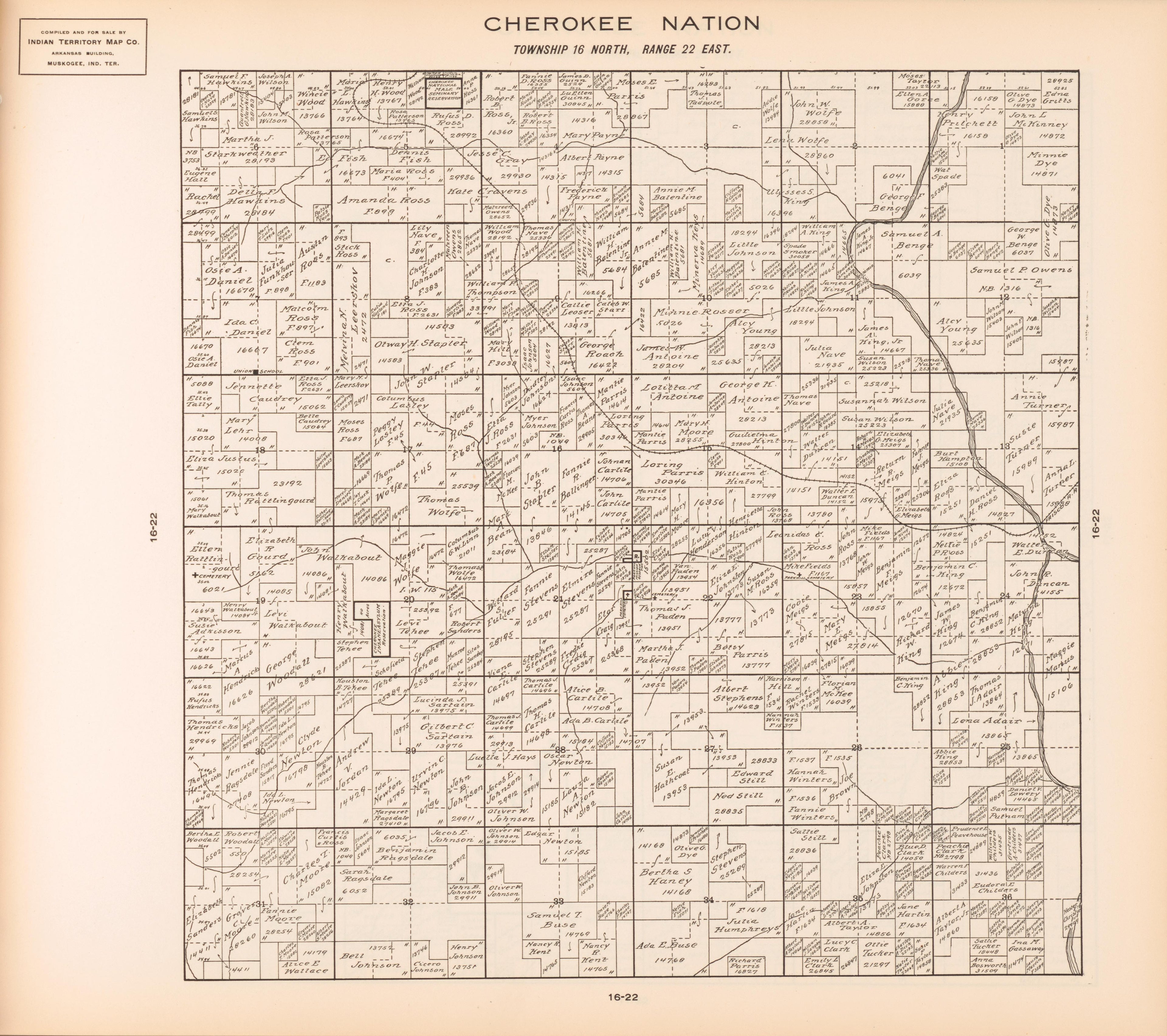 Township 16 North, Range 22 East from Cherokee Nation 1909 by Relic Map Company