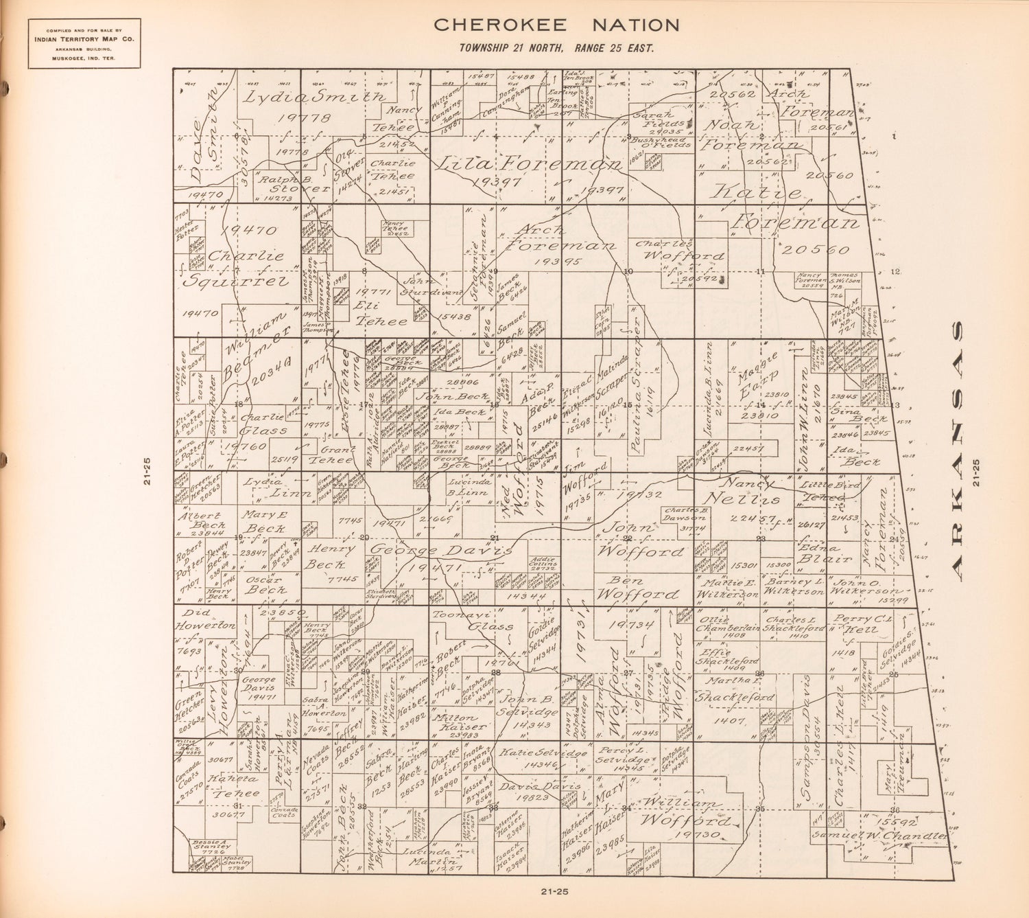 Township 21 North, Range 25 East from Cherokee Nation 1909 by Relic Map Company