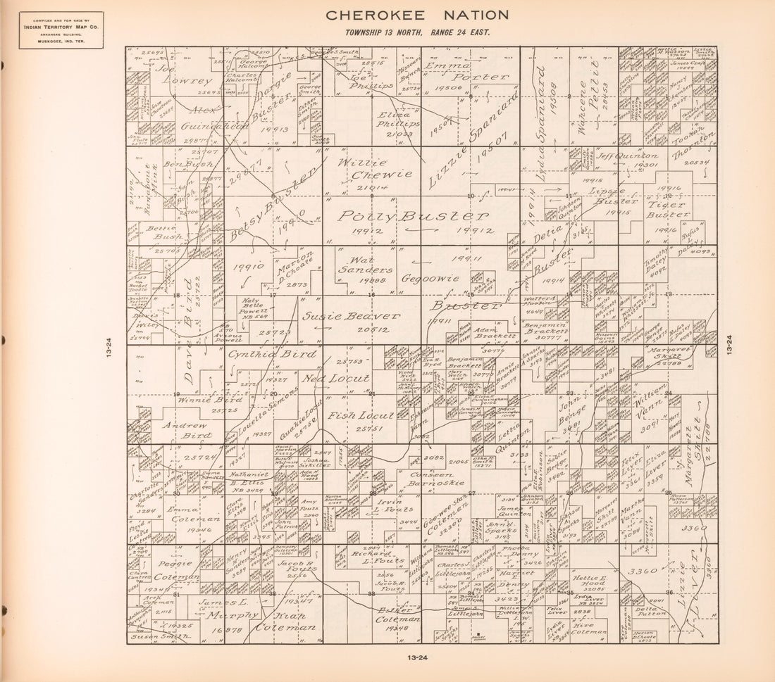 Township 13 North, Range 24 East from Cherokee Nation 1909 by Relic Map Company