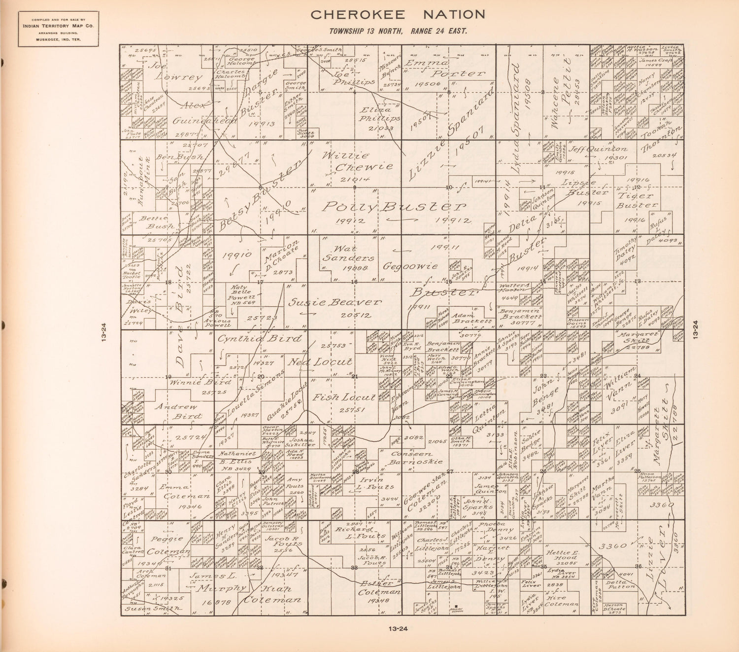 Township 13 North, Range 24 East from Cherokee Nation 1909 by Relic Map Company