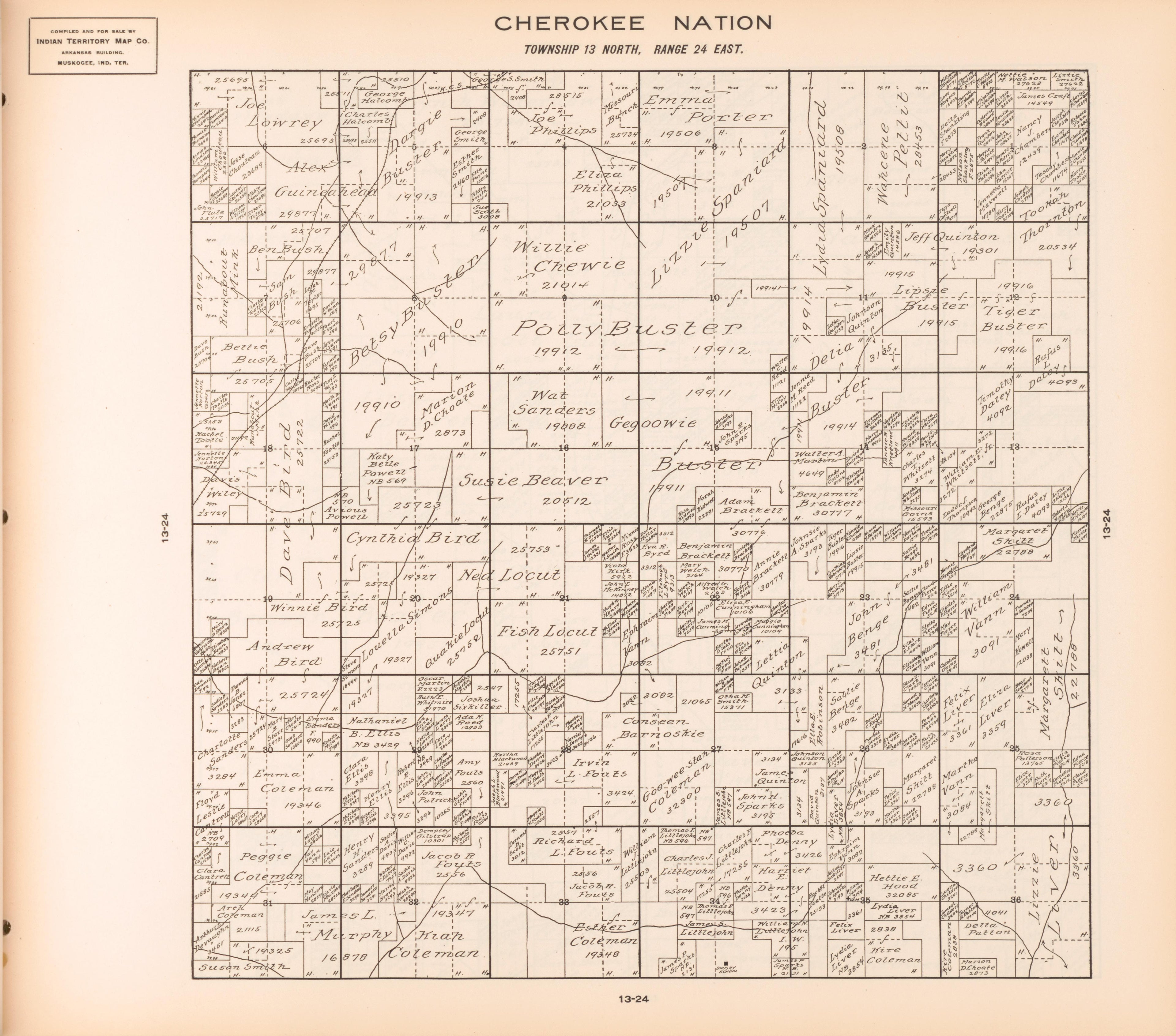 Township 13 North, Range 24 East from Cherokee Nation 1909 by Relic Map Company