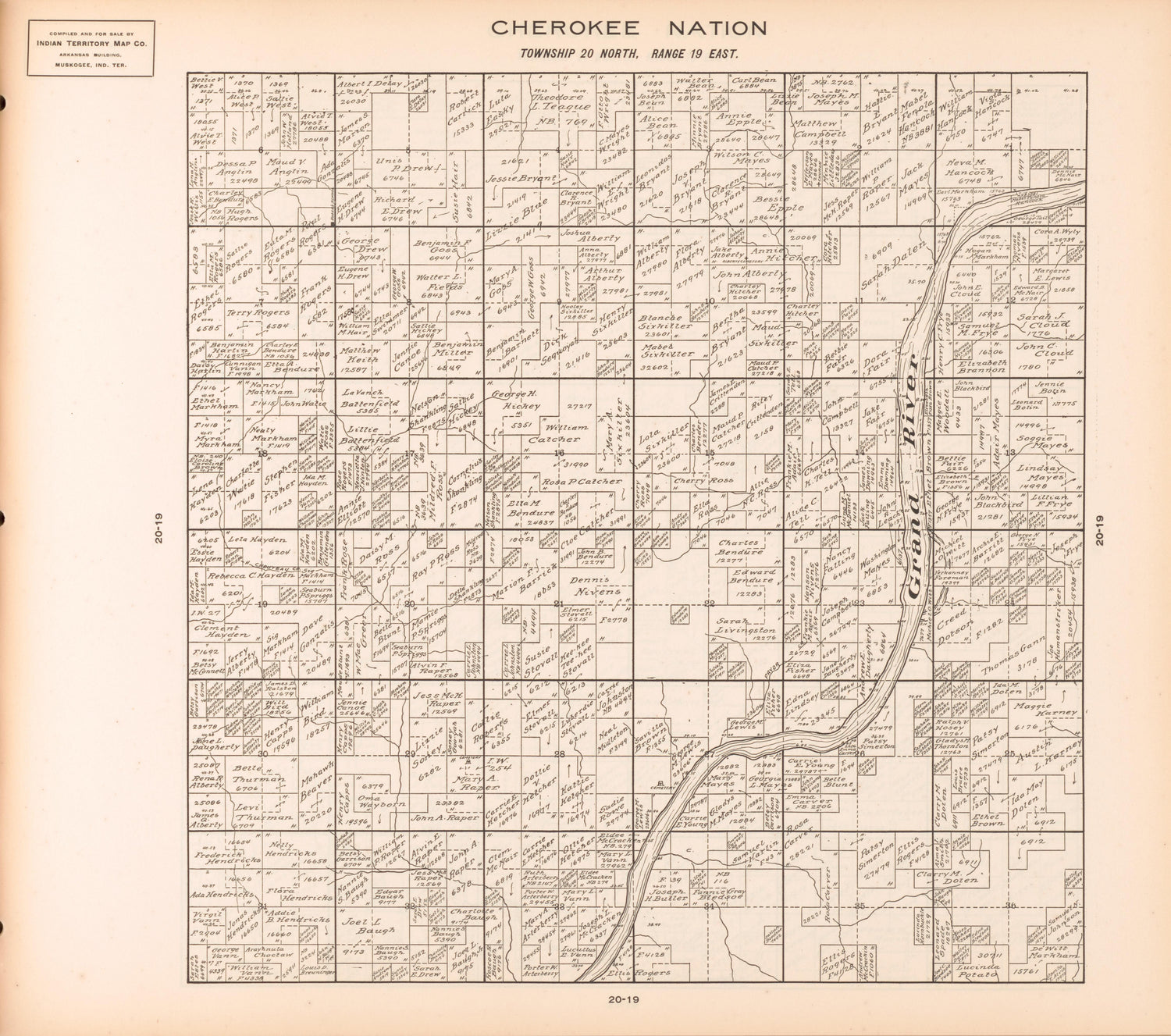 Township 20 North, Range 19 East from Cherokee Nation 1909 by Relic Map Company