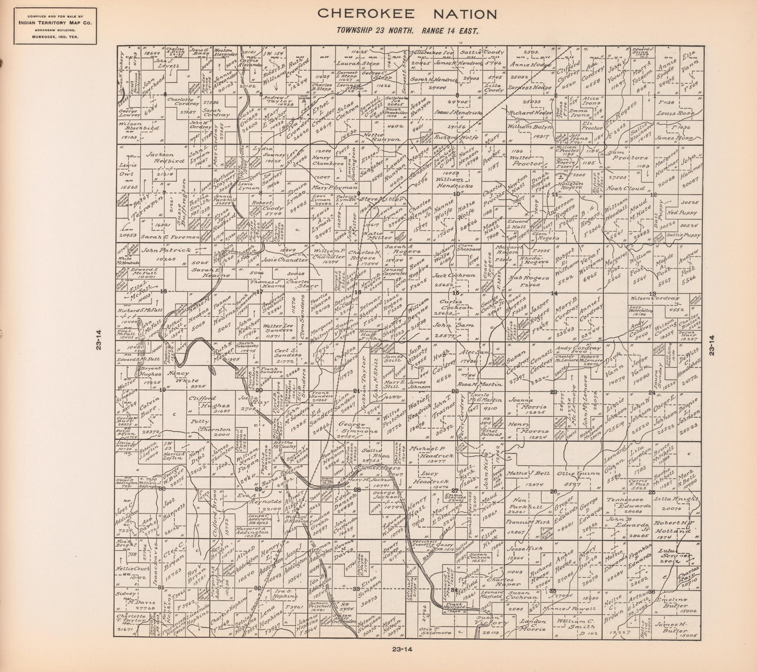 Township 23 North, Range 14 East from Cherokee Nation 1909 by Relic Map Company