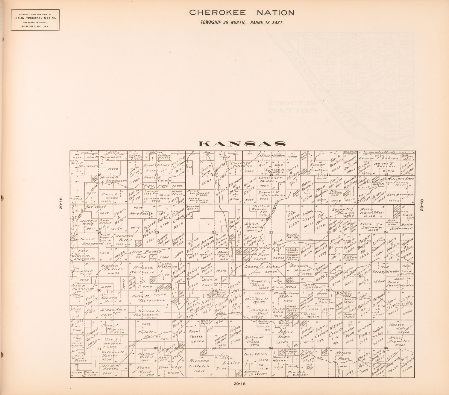 Township 29 North, Range 18 East from Cherokee Nation 1909 by Relic Map Company