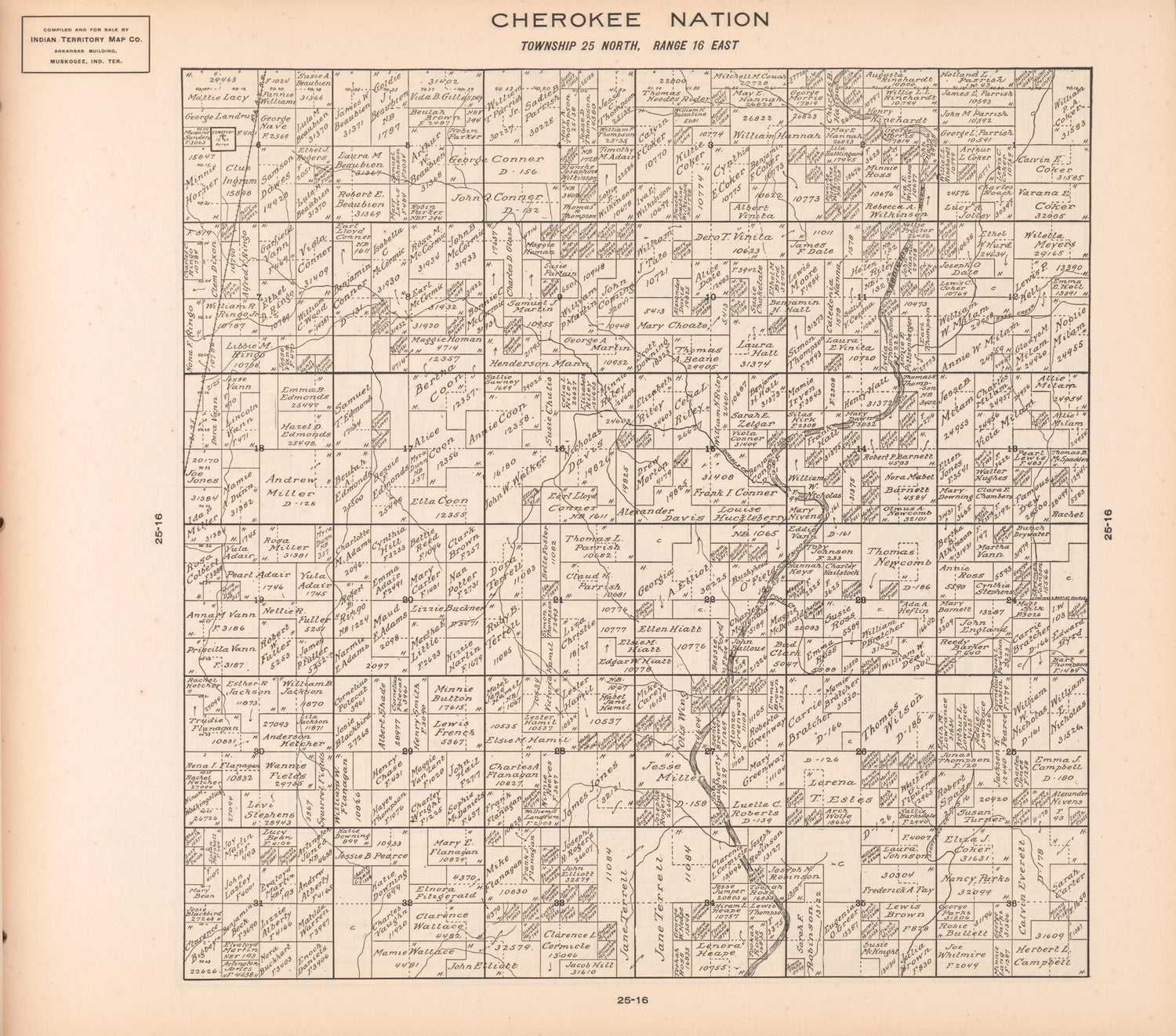 Township 25 North, Range 16 East from Cherokee Nation 1909 by Relic Map Company