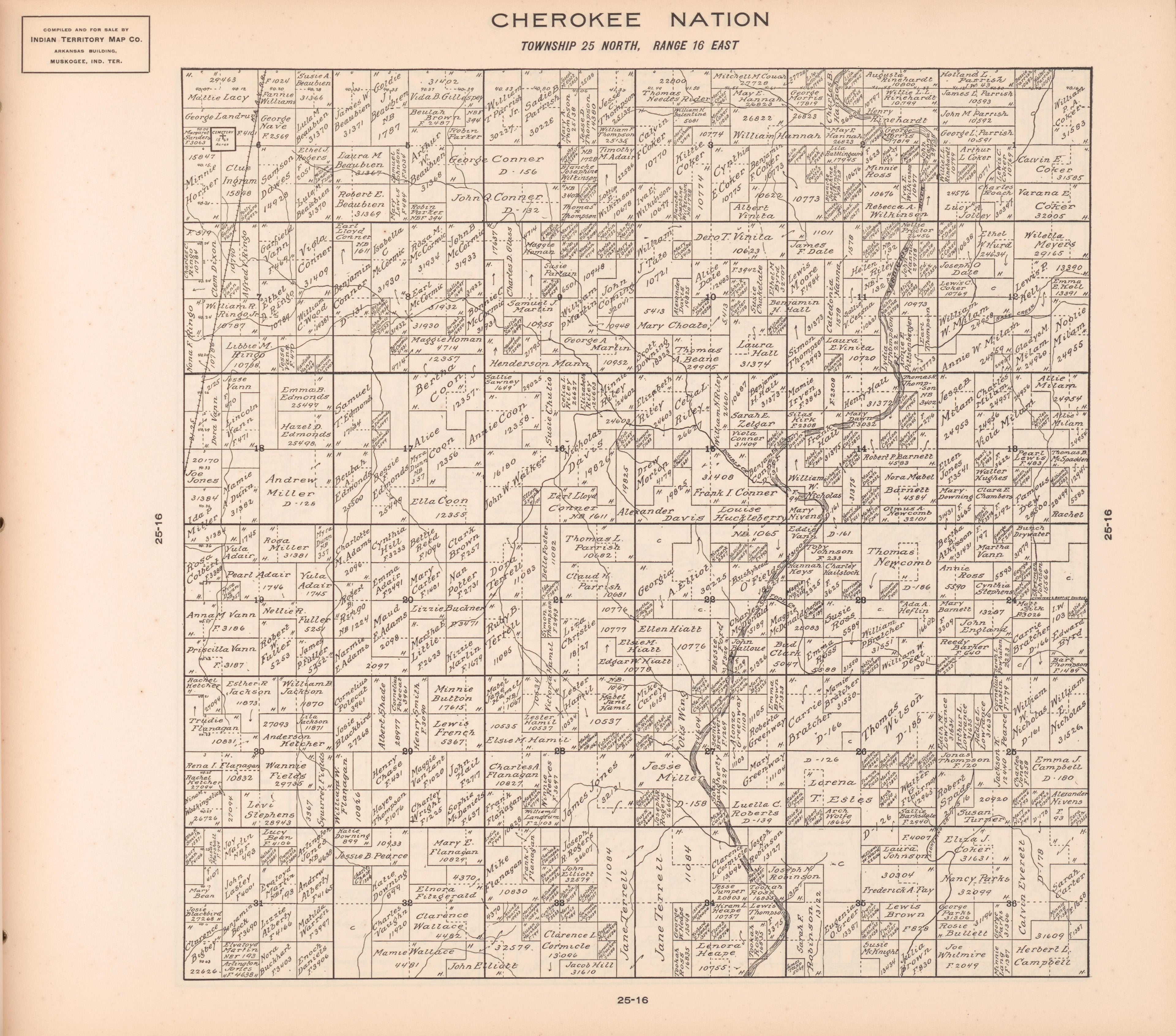 Township 25 North, Range 16 East from Cherokee Nation 1909 by Relic Map Company