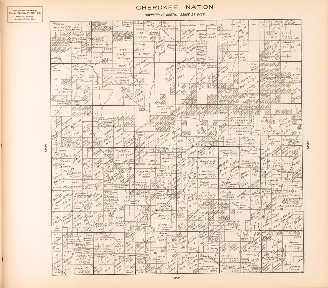 Township 12 North, Range 24 East from Cherokee Nation 1909 by Relic Map Company