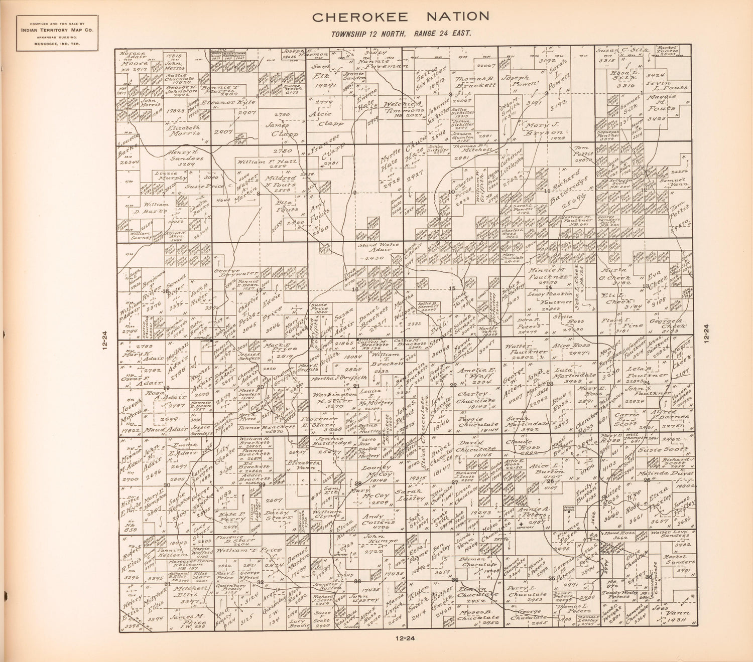 Township 12 North, Range 24 East from Cherokee Nation 1909 by Relic Map Company