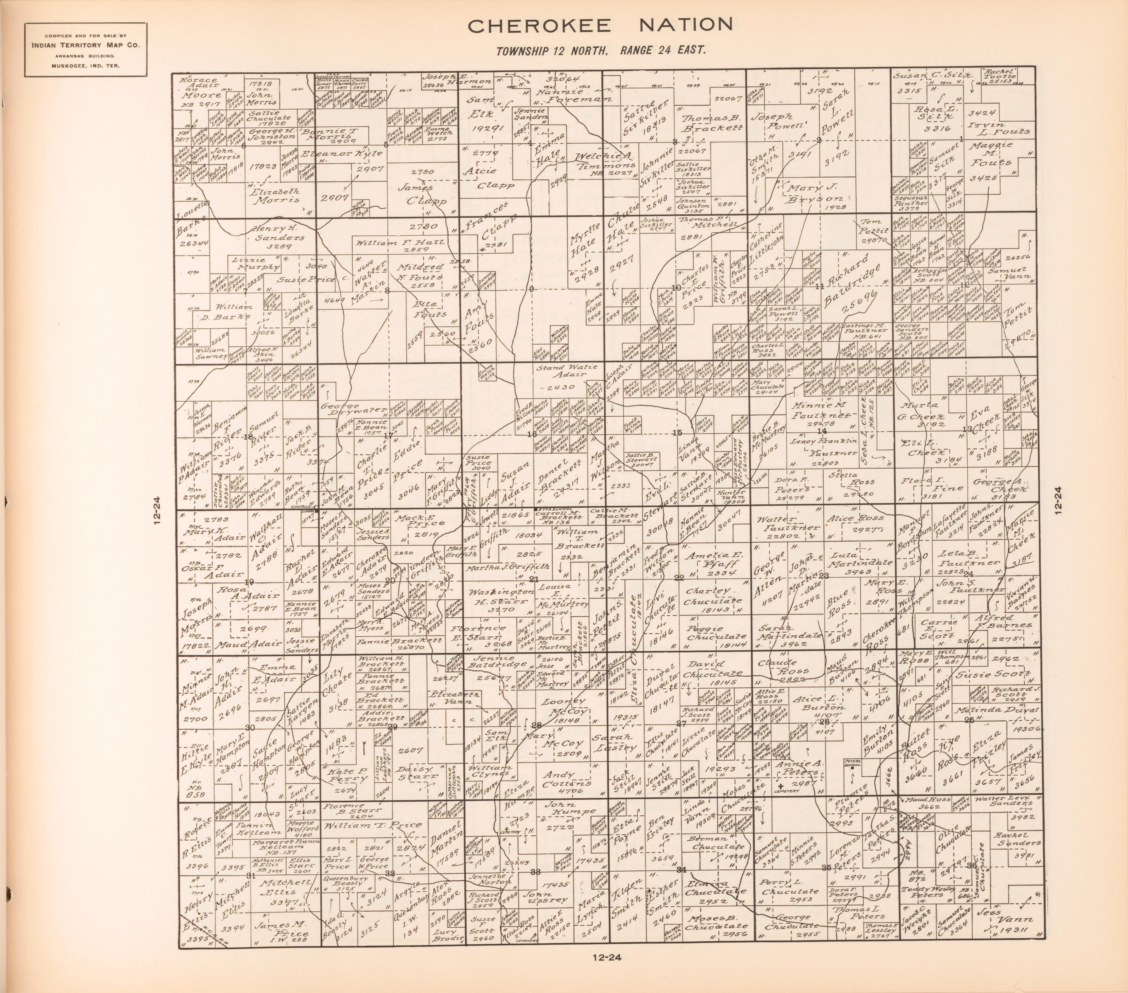 Township 12 North, Range 24 East from Cherokee Nation 1909 by Relic Map Company