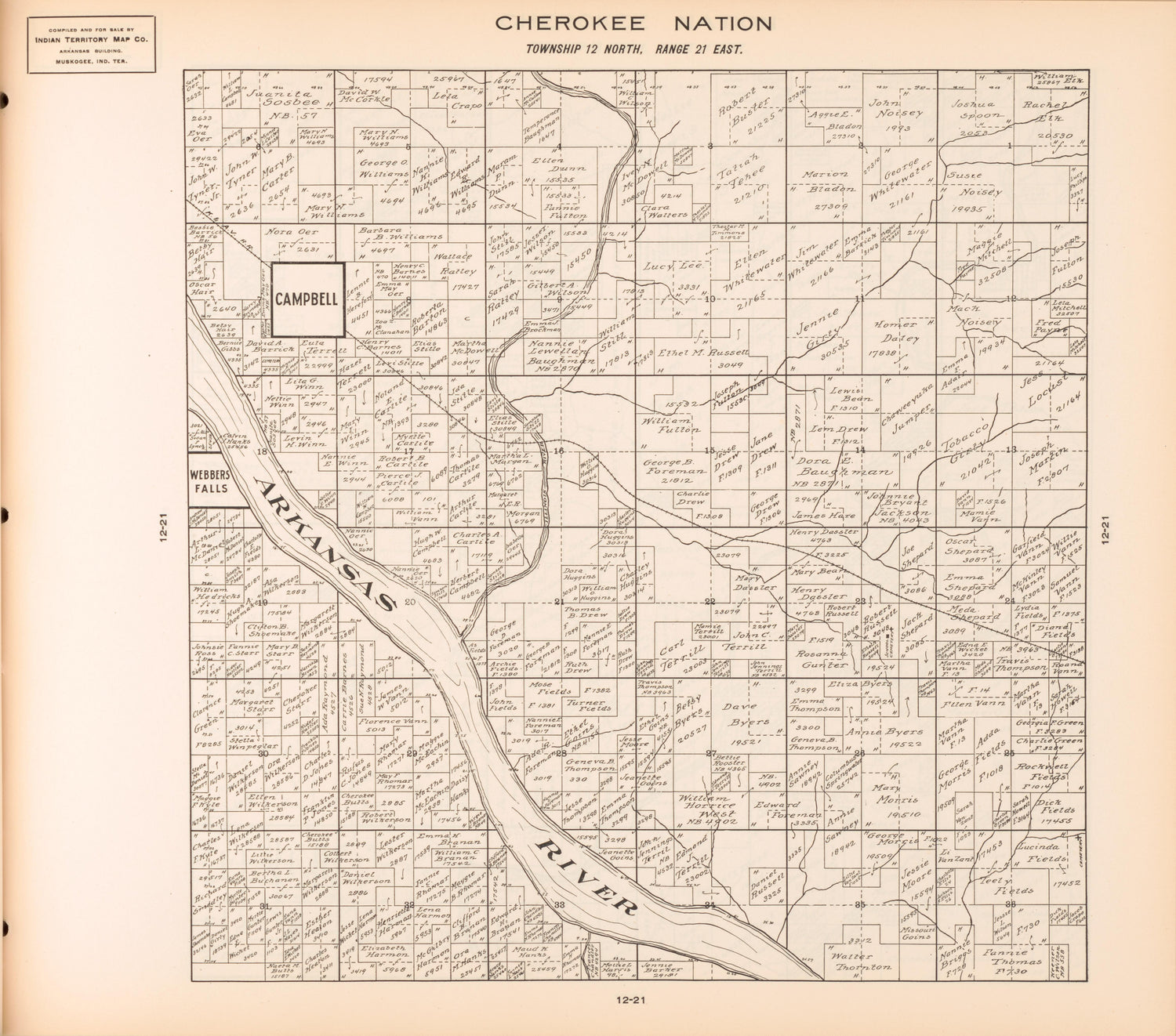 Township 12 North, Range 21 East from Cherokee Nation 1909 by Relic Map Company