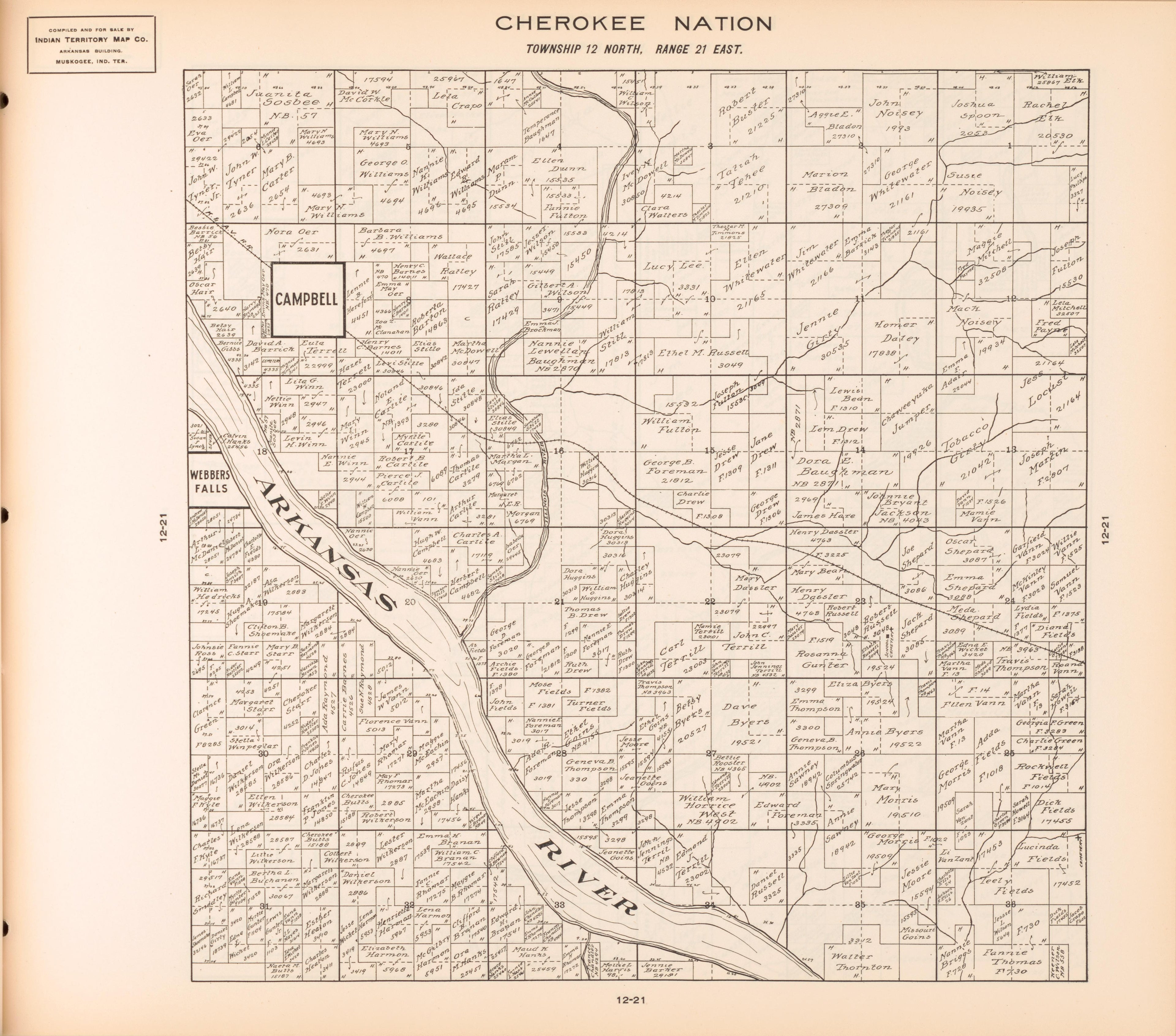 Township 12 North, Range 21 East from Cherokee Nation 1909 by Relic Map Company